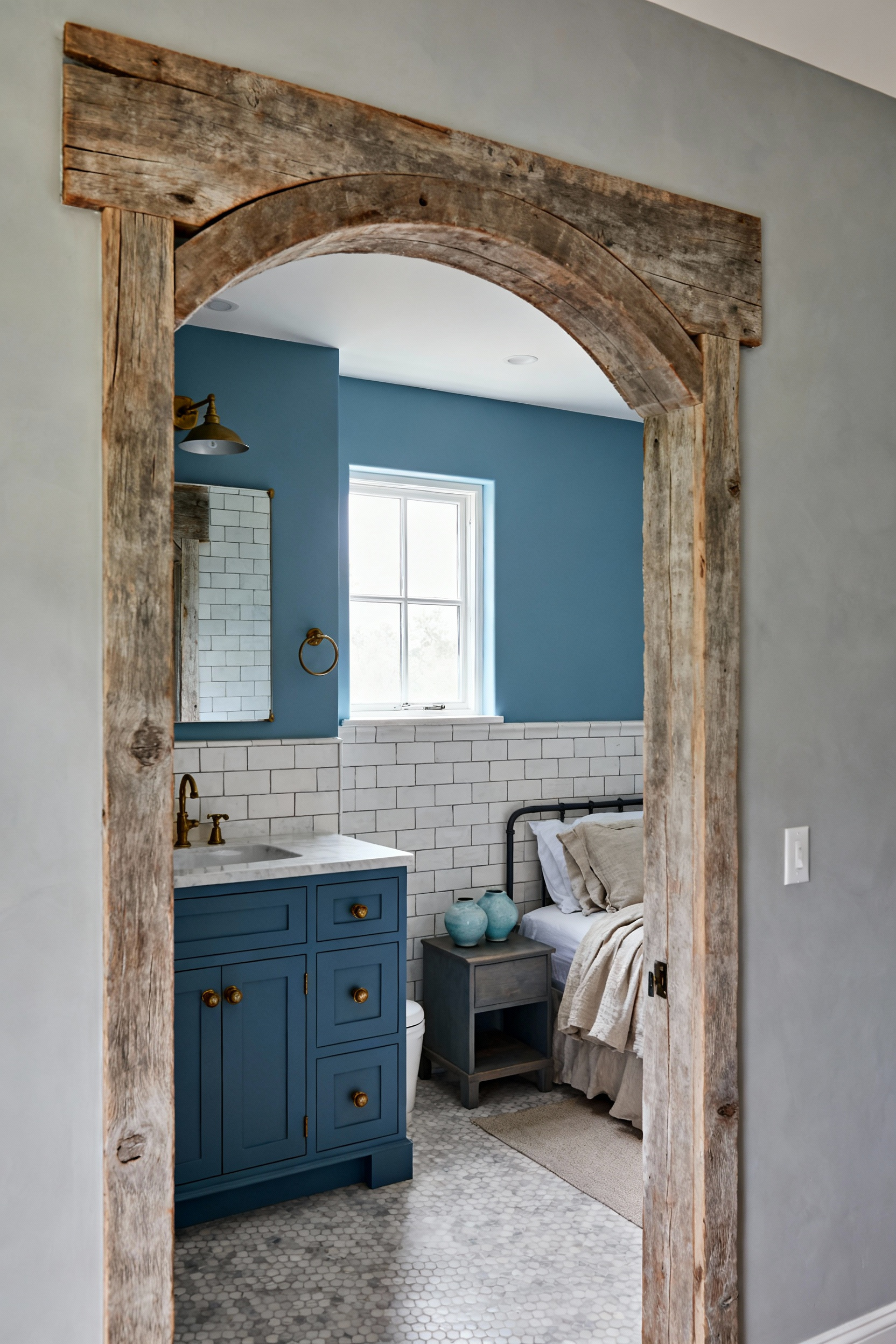 Portrait view of a tranquil blue bathroom transitioning smoothly into a soft grey bedroom via a salvaged wooden archway, showcasing continuous design.