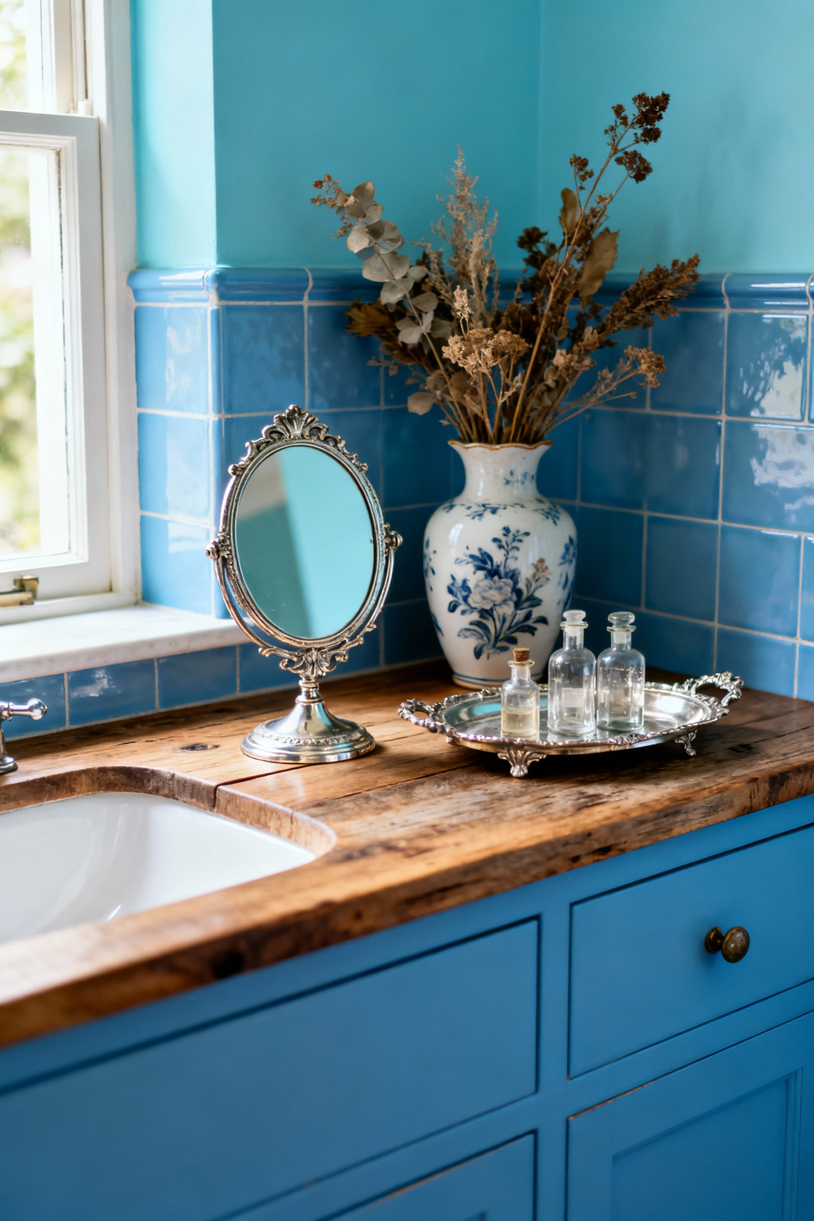A curated collection of vintage objets d'art, including a silver mirror, porcelain vase, and apothecary bottles, beautifully arranged on a rustic wooden vanity in a serene robin's egg blue bathroom.