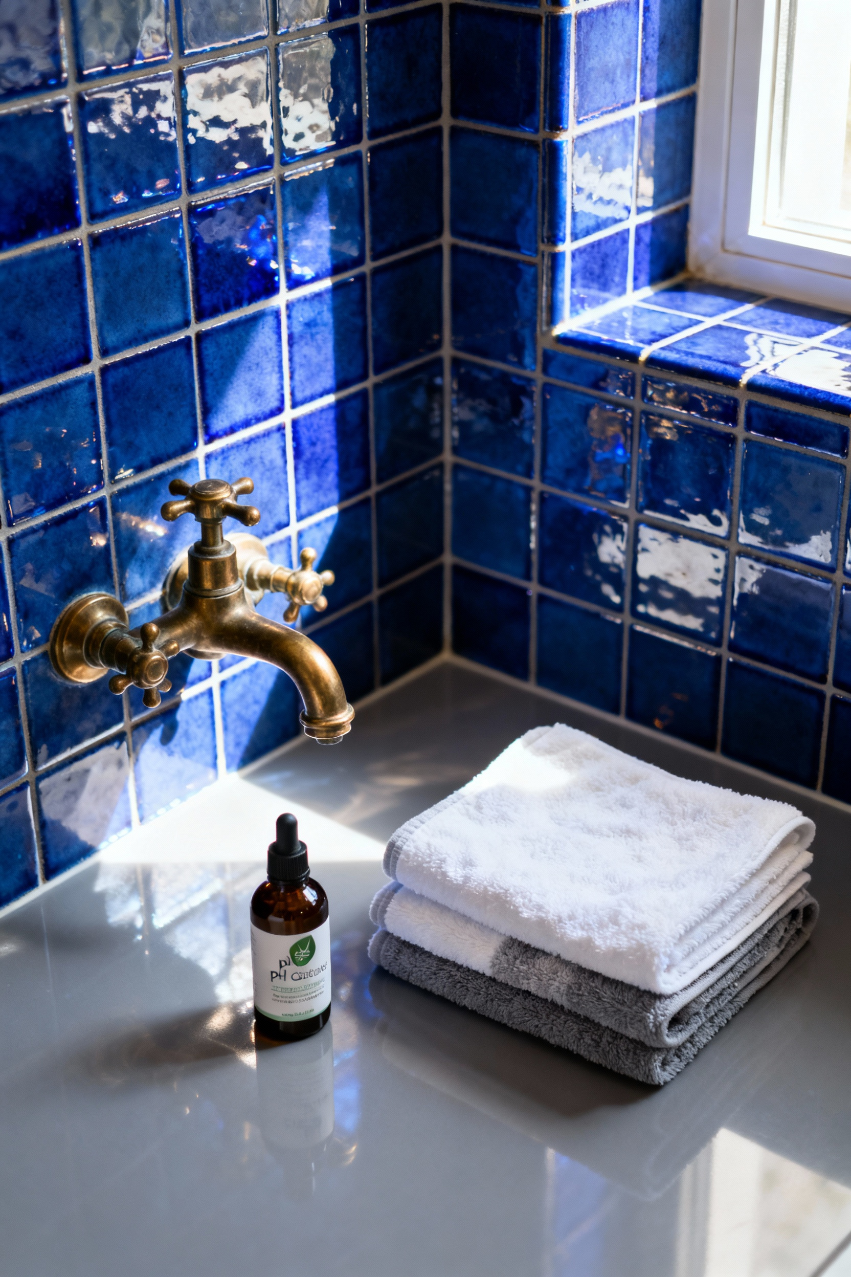 Gentle cleaning supplies including microfiber cloths and a pH-neutral cleanser, neatly arranged on a serene blue bathroom countertop with glistening blue tiles and an antique brass faucet, representing a maintenance ritual.