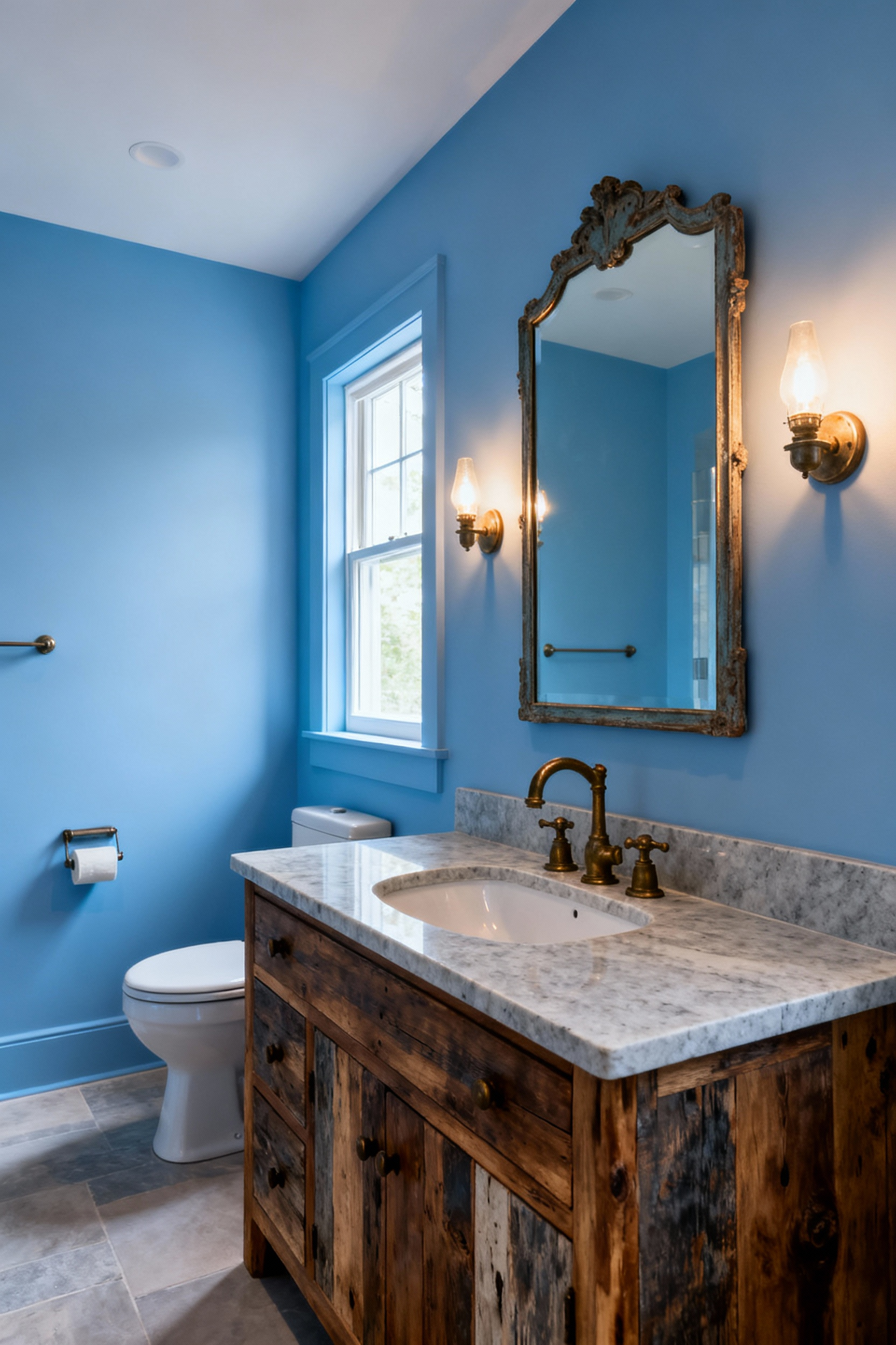 A meticulously planned blue bathroom with reclaimed wood vanity, honed stone, aged brass fixtures, and soft cerulean walls, illustrating a harmonious layout for a serene sanctuary.