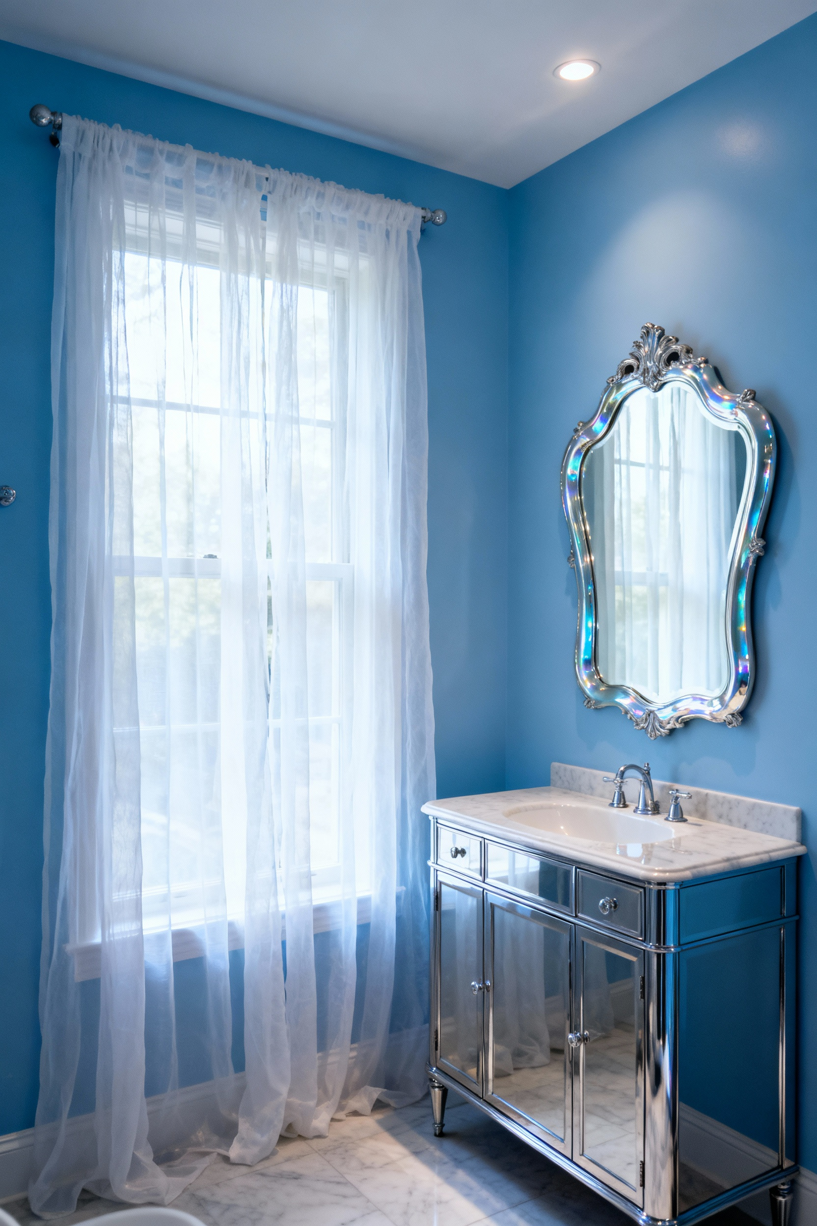 A naturally lit blue bathroom, featuring sheer white curtains over a large window, cerulean walls, and a chrome vanity with a large mercury glass mirror reflecting soft, ambient light.