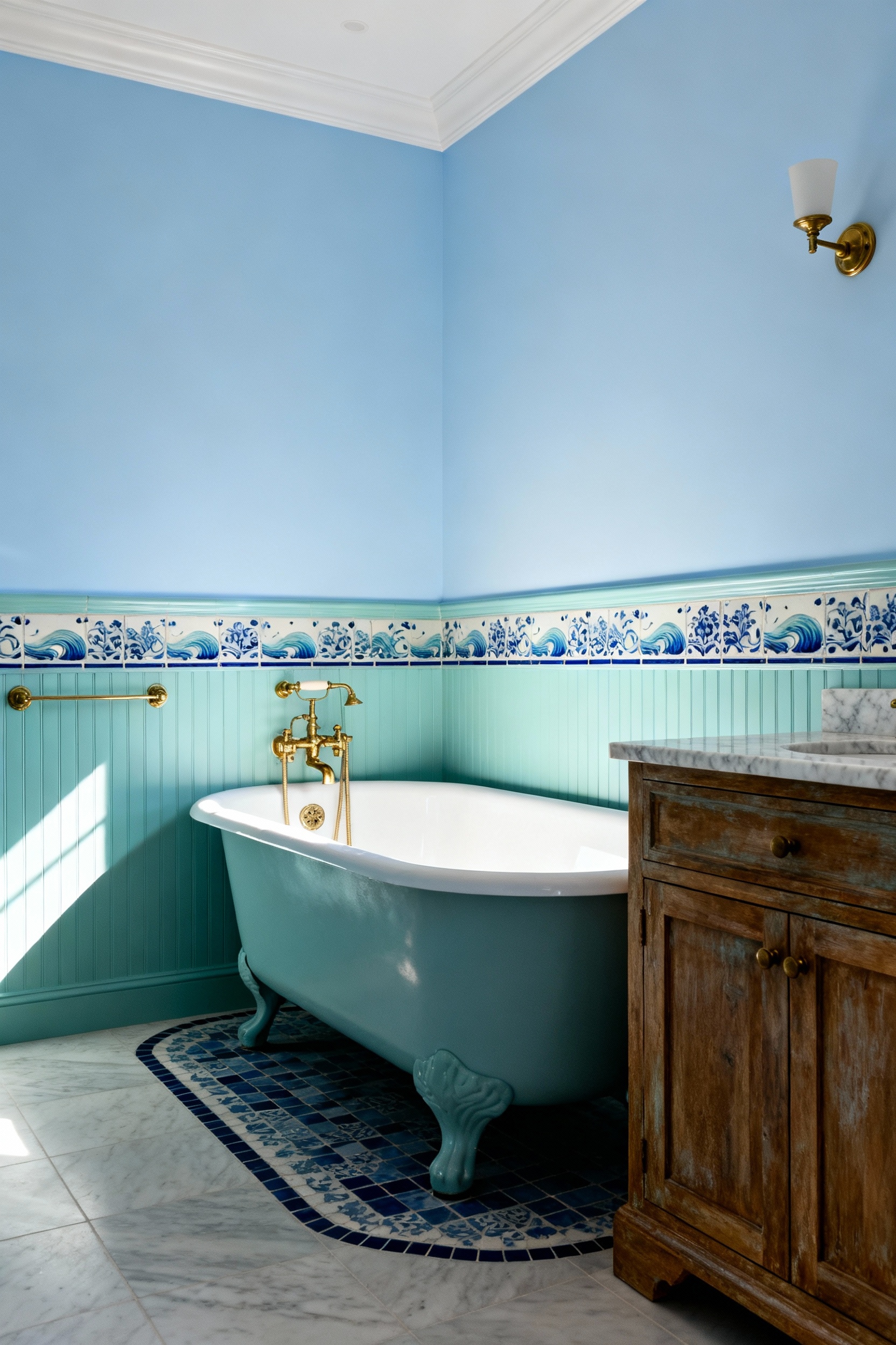 Elegant blue bathroom showcasing a foundational palette of whispering teal and oceanic indigo, with aged wood vanity and brass fixtures, under soft natural light.