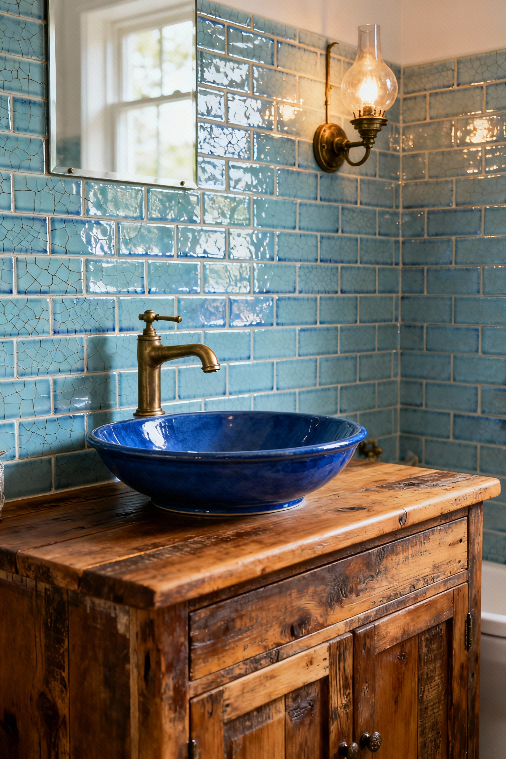 A portrait of a blue bathroom featuring a vintage-style unlacquered brass faucet, a reclaimed wood vanity, and crackle-glaze subway tiles, highlighting textural vintage comfort.