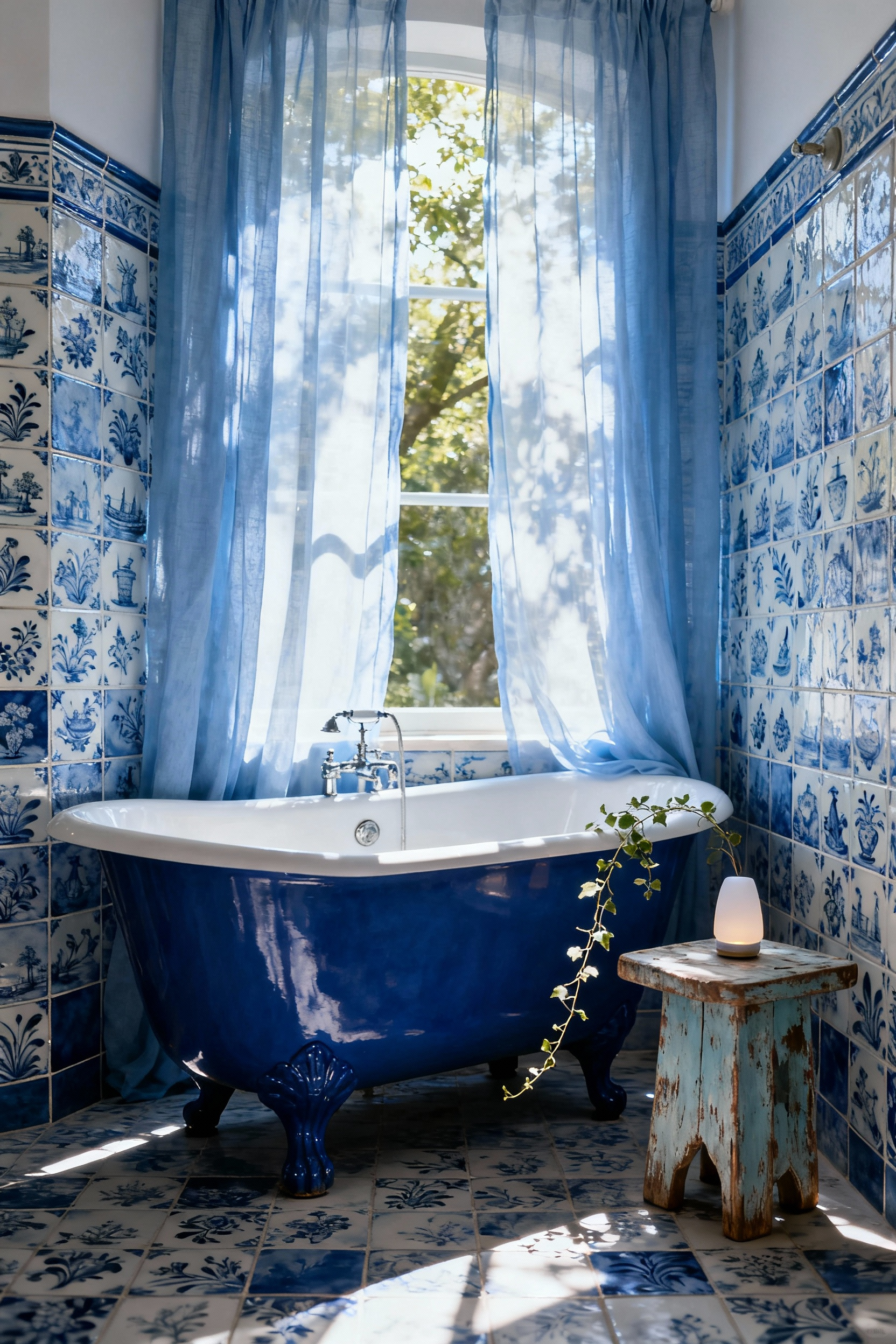 Elegant blue bathroom with a deep indigo clawfoot tub in a sunlit alcove, featuring Delft tiles and linen curtains, designed as a self-care zone.