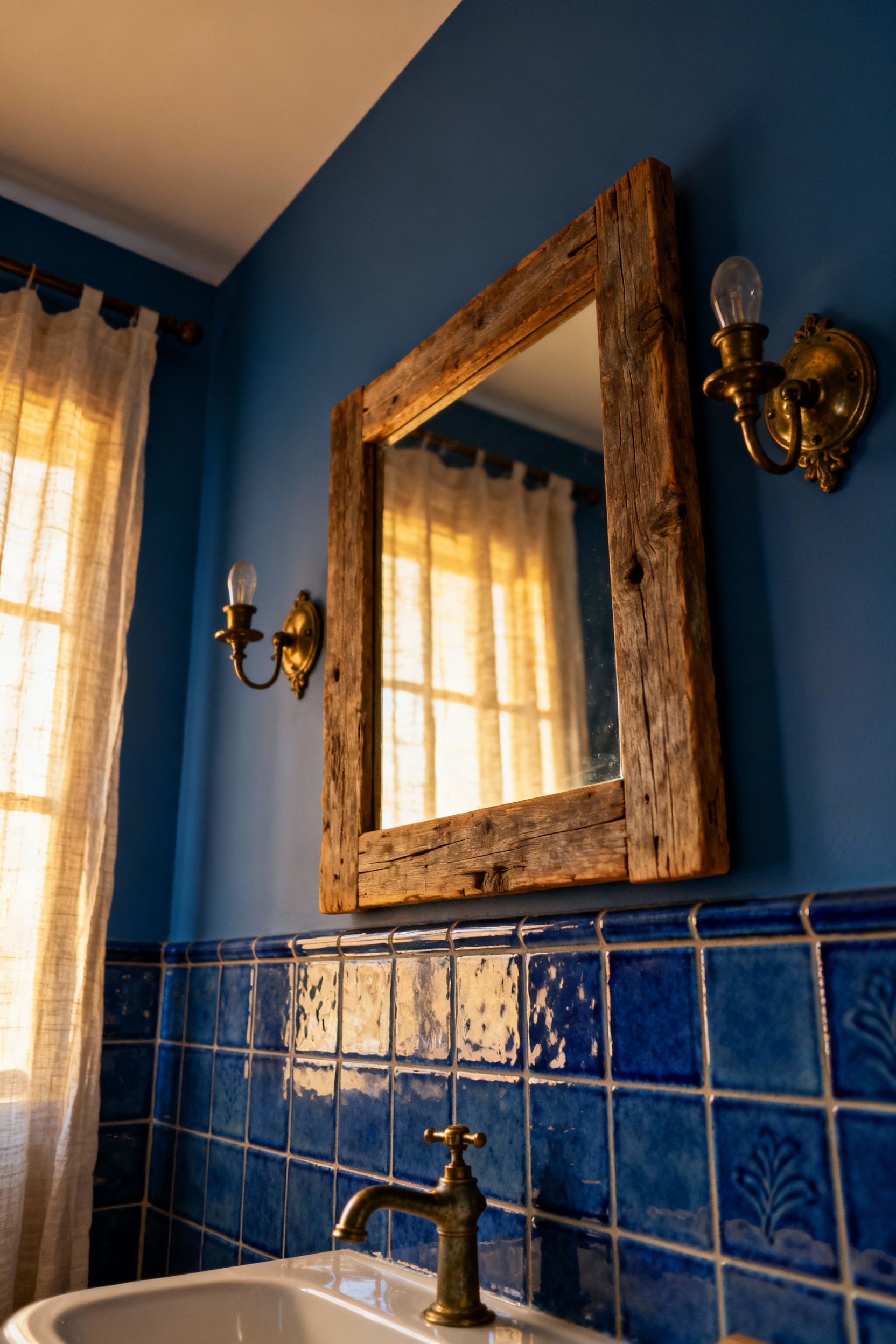 Blue bathroom with warm, layered lighting including aged brass sconces and ambient ceiling lights, highlighting rustic elements and artisanal blue tiles around a reclaimed wood mirror.