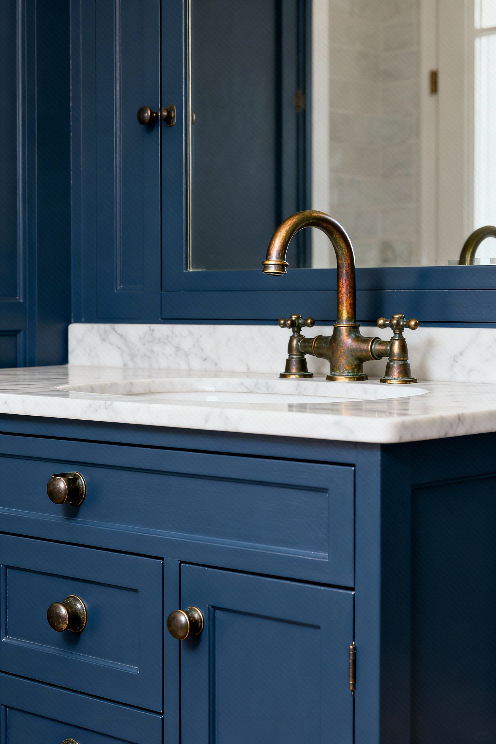 A close-up of a blue bathroom vanity with an unlacquered brass bridge faucet and aged pewter cabinet pulls.
