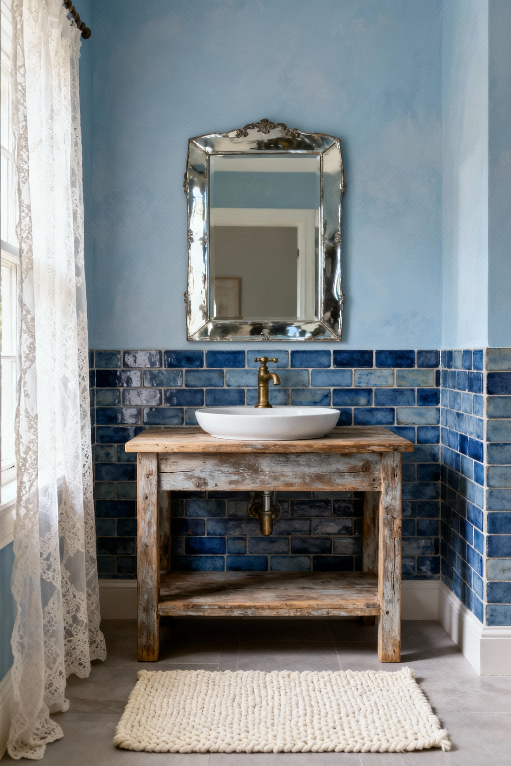 Portrait view of a tranquil blue bathroom featuring washed-out sky blue walls, distressed wood vanity, white ceramic sink, antique brass faucet, and subtle denim-toned subway tiles. A woven rug and lace curtains enhance the serene, timeless aesthetic of this transitory design.