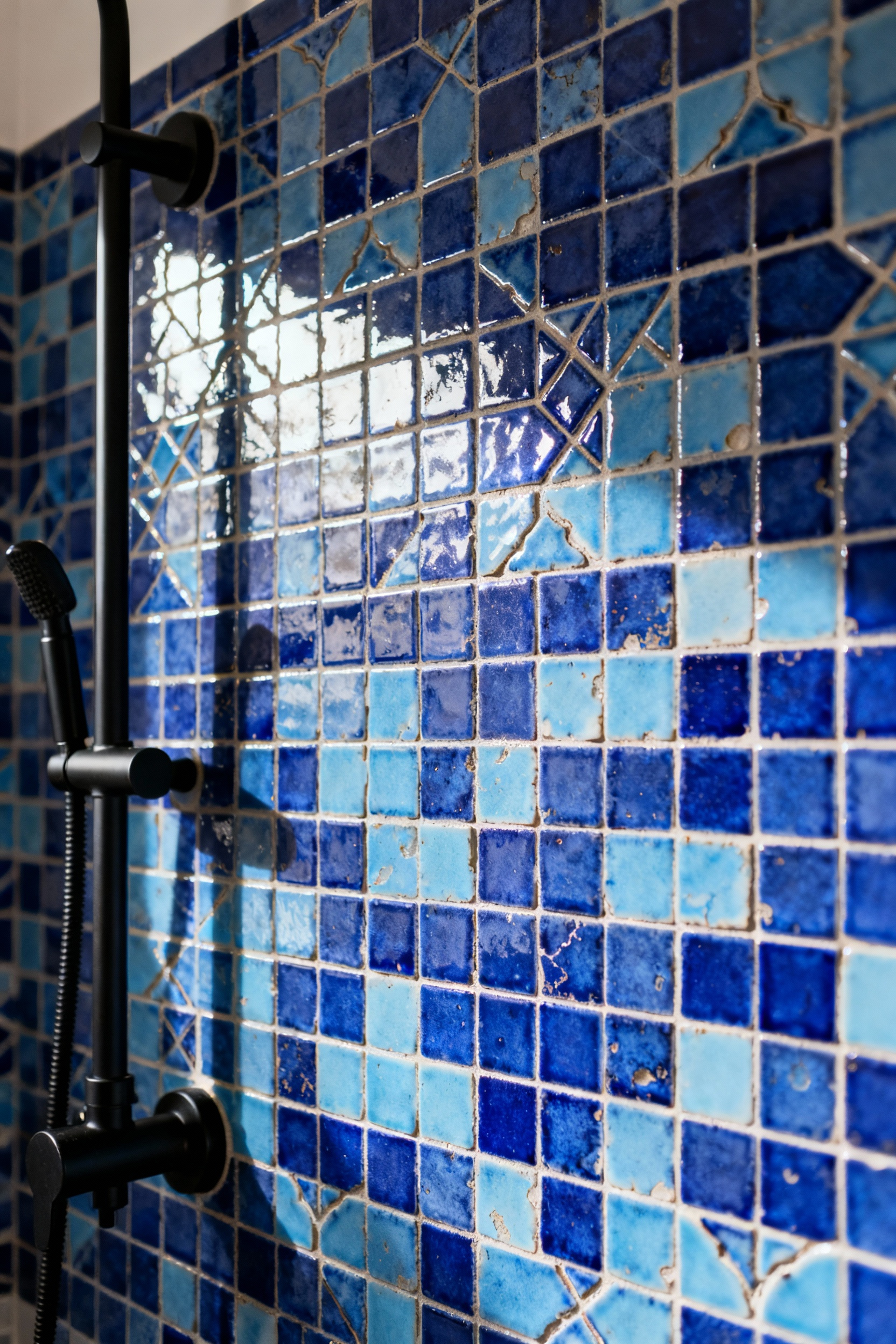 Portrait of a blue bathroom wall adorned with textured Moroccan Zellige tiles, reflecting natural light and showcasing artisanal craftsmanship.