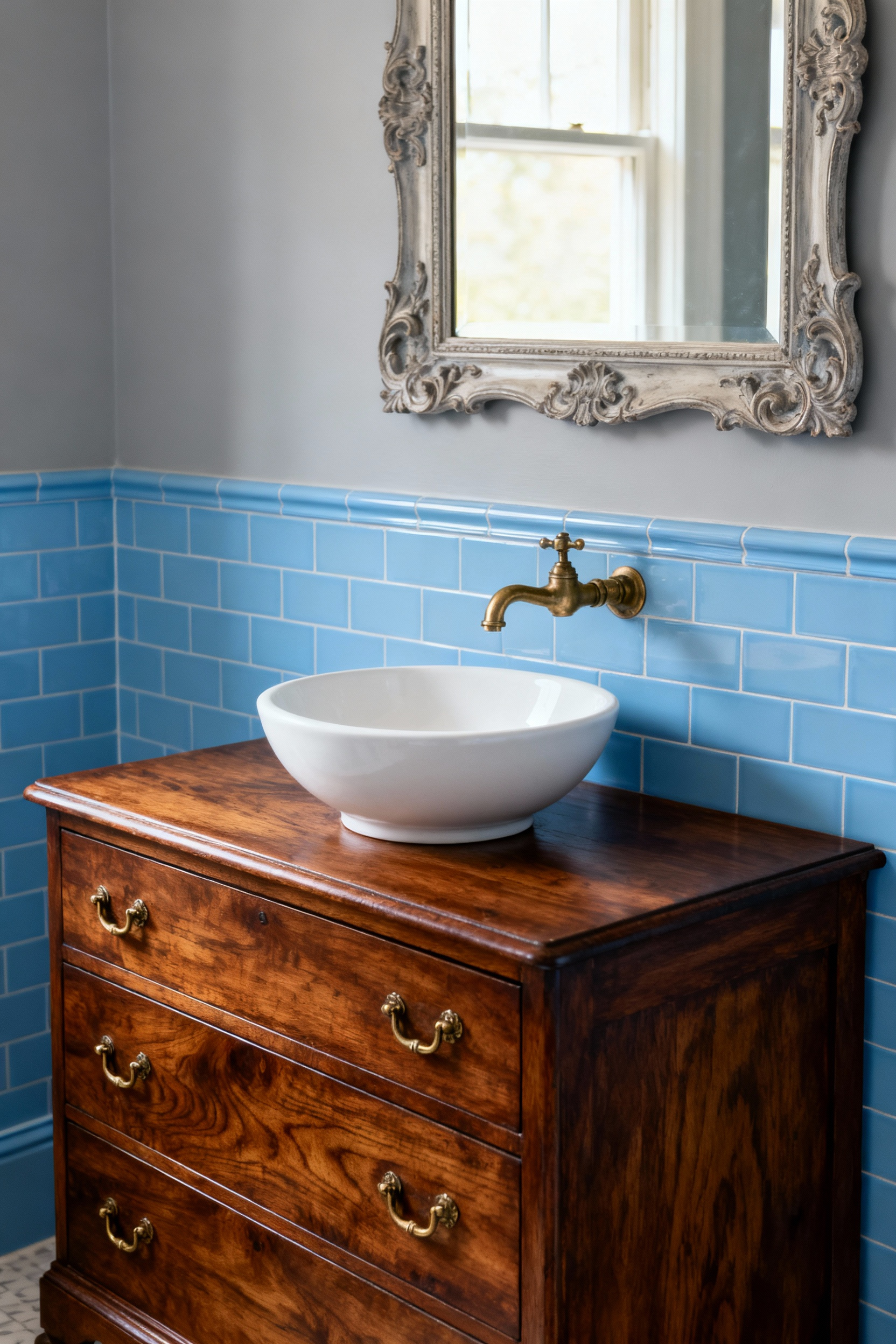 Repurposed antique mahogany dresser transformed into a blue bathroom artisanal vanity with white vessel sink, brass faucet, and sky-blue subway tiles. Vintage mirror above vanity, natural light.