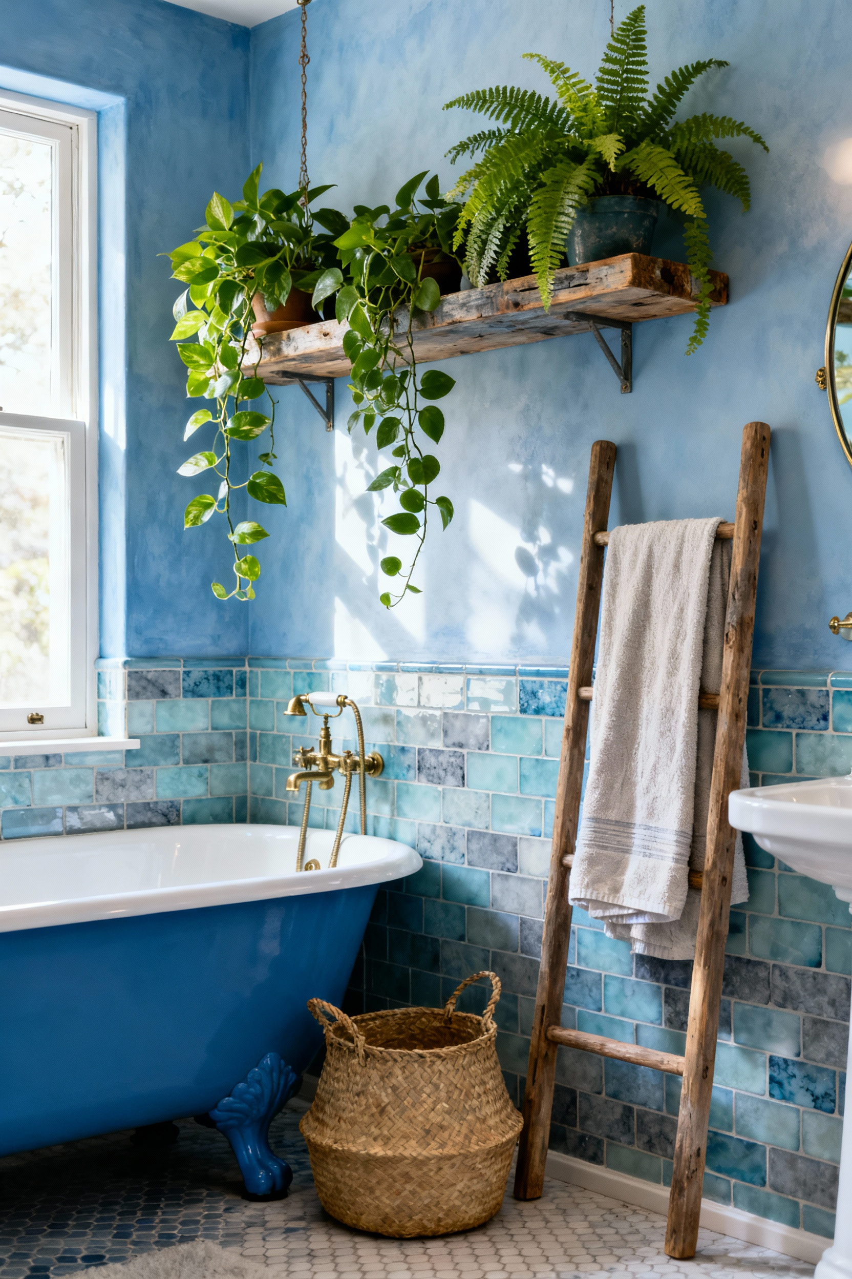 A serene biophilic blue bathroom with lush green plants, cool blue walls, reclaimed wood accents, and natural light, highlighting a tranquil and rejuvenating design.