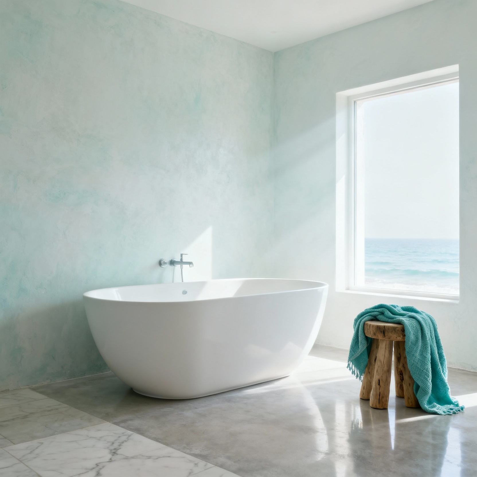 Ethereal coastal bathroom with whitewashed limewash walls, a freestanding tub, soft aqua linen accents, and natural diffused light, emphasizing a serene and spacious color palette.