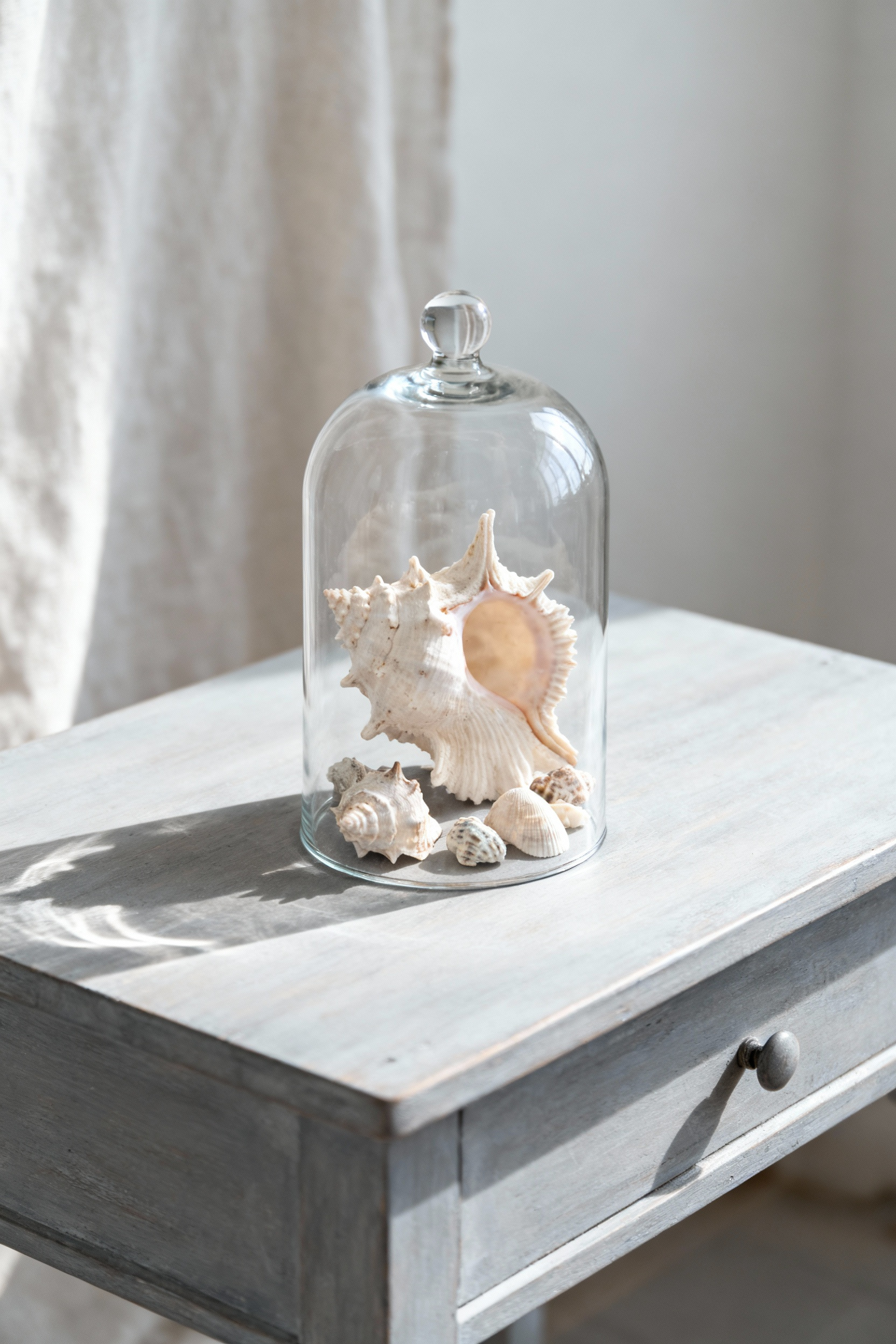A close-up of unpolished, natural seashell specimens artfully arranged in a clear glass cloche, resting on a weathered gray wood table, showcasing sophisticated natural seashell decor in an ethereal coastal setting.