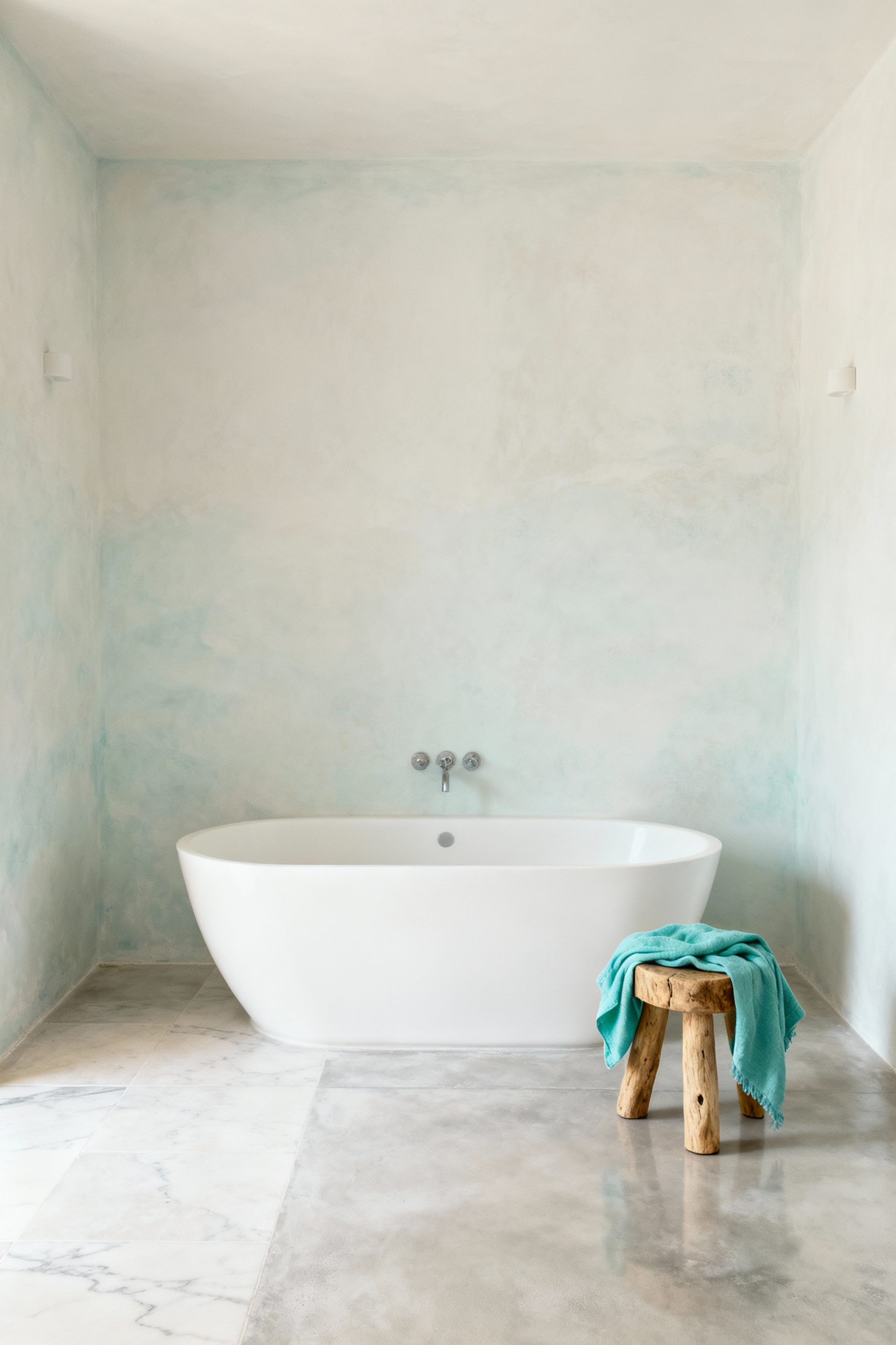 Ethereal coastal bathroom with whitewashed limewash walls, a freestanding tub, soft aqua linen accents, and natural diffused light, emphasizing a serene and spacious color palette.
