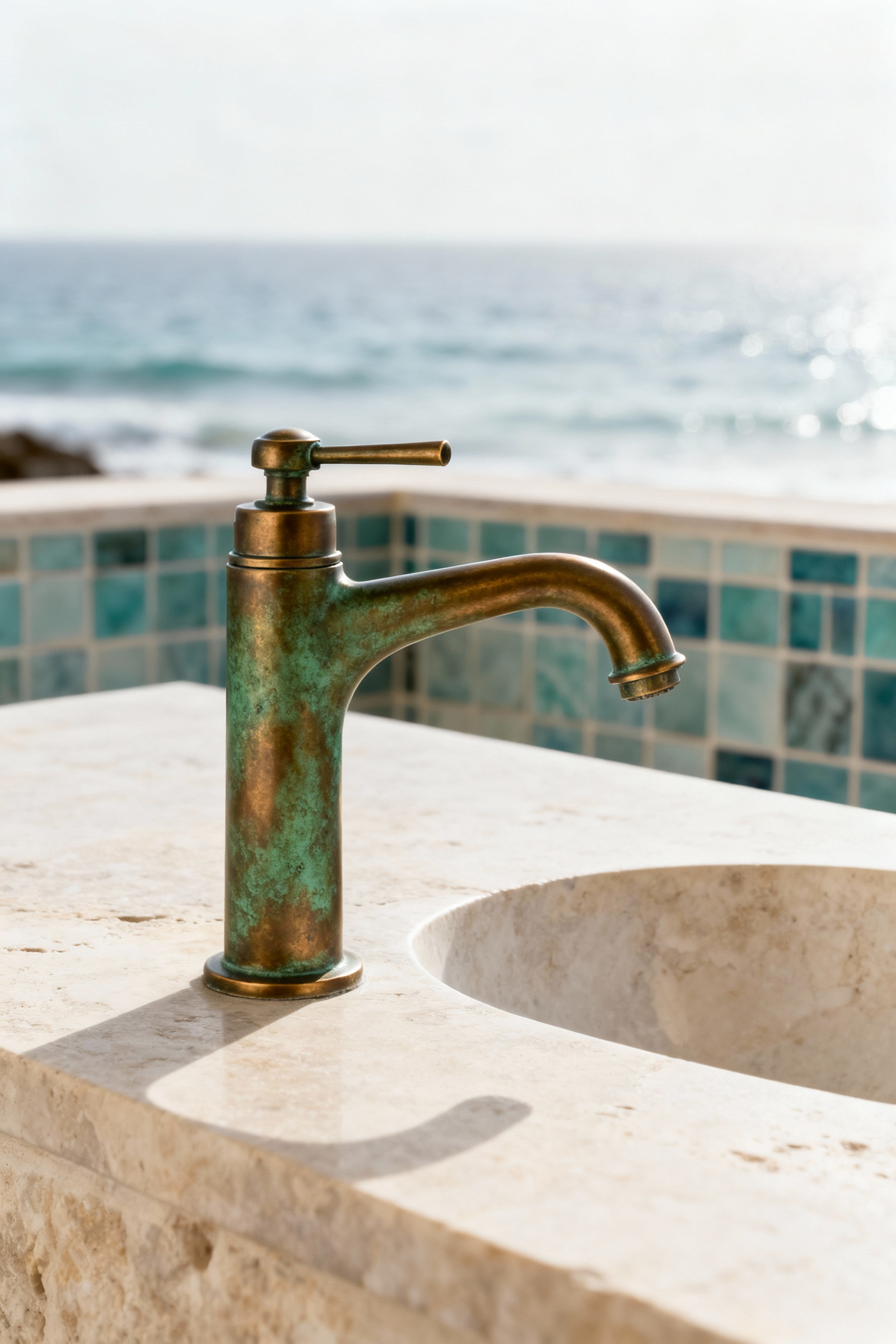 Close-up of a solid unlacquered brass marine-grade bathroom faucet with a developing patina, set against a light natural stone countertop in a coastal-themed bathroom, emphasizing its resilience.