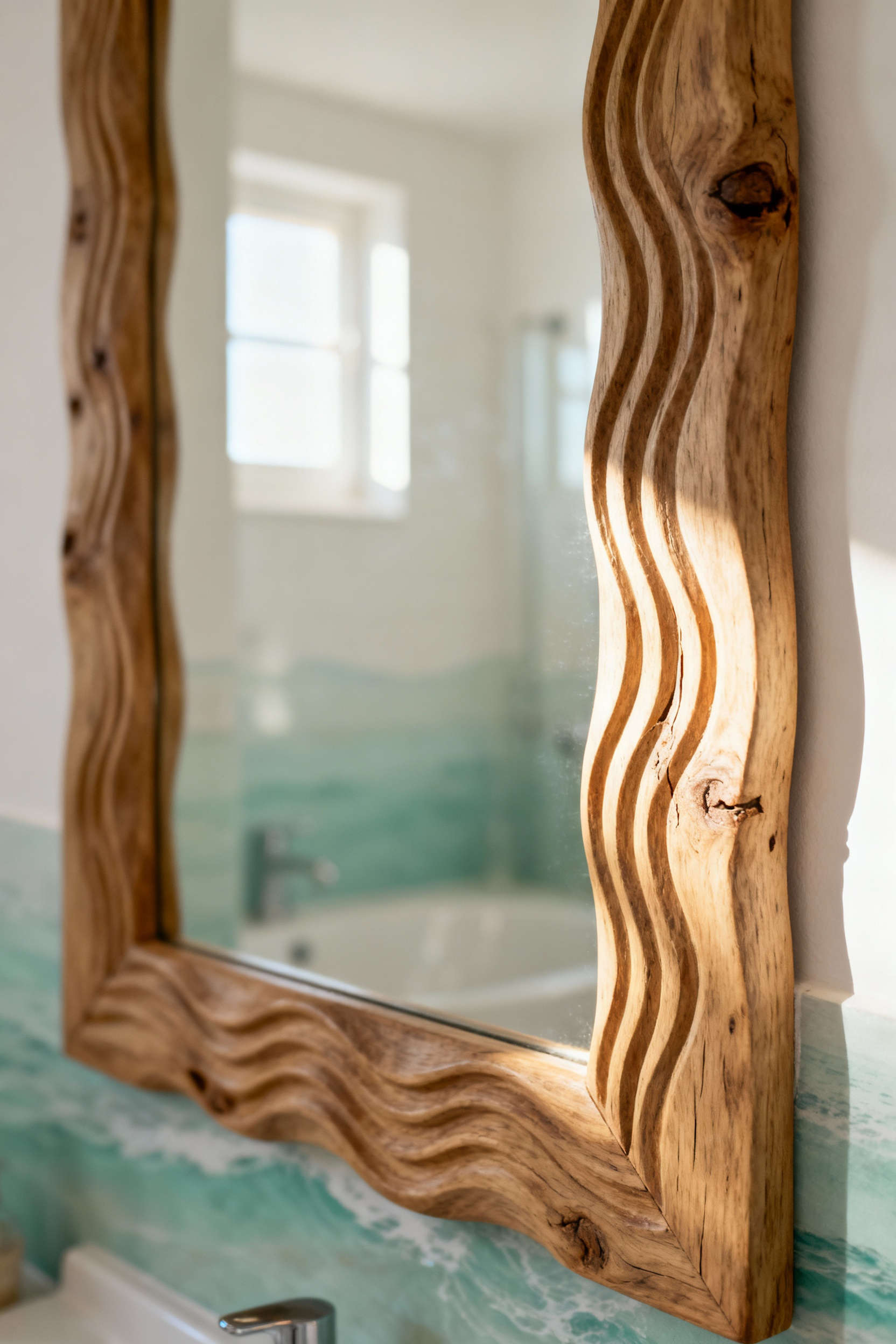 Close-up of a hand-carved, rustic wooden mirror frame with subtle barnacle clusters in a soft, bright coastal bathroom, evoking natural depth.
