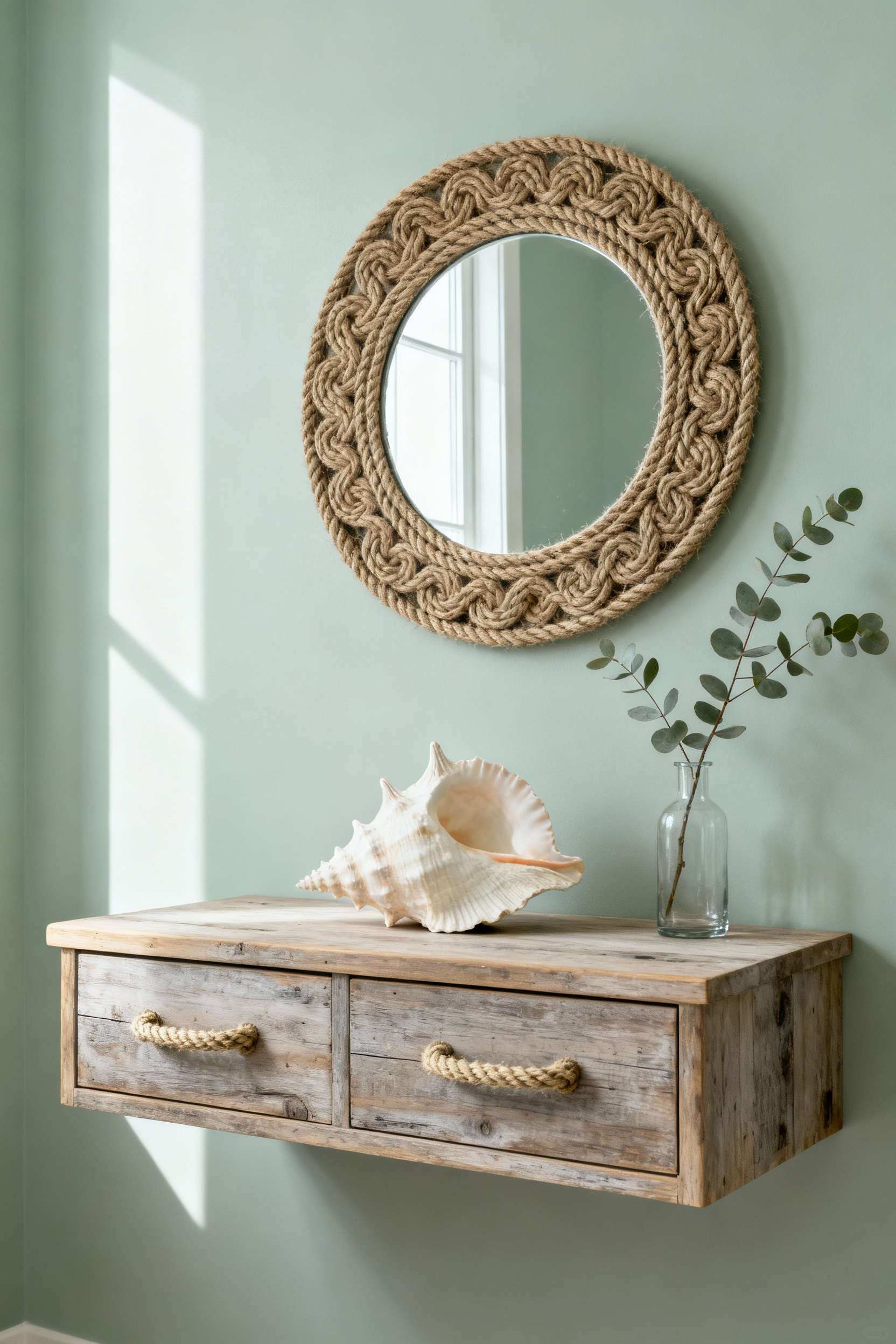 A sophisticated coastal bathroom interior featuring elegant natural sisal rope drawer pulls on a reclaimed wood vanity, a mirror framed with intricately coiled jute rope, and a single large conch shell as a sculptural accent. Soft natural light illuminates the scene, highlighting the natural textures and serene ambiance.