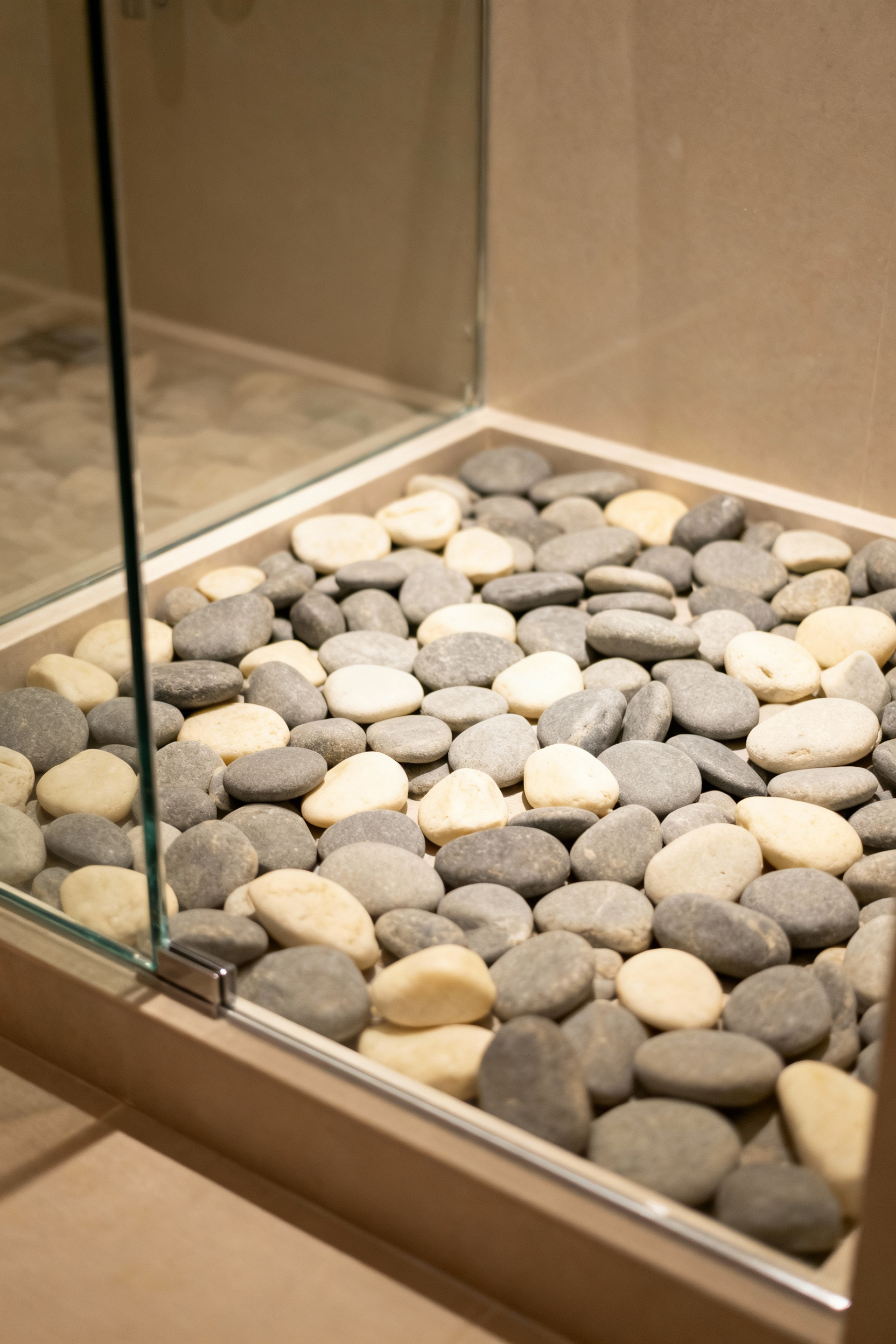 Portrait view of a luxurious enclosed shower with seamless, low-iron glass panels and a smooth, natural pebble floor, lit by warm, diffused light.