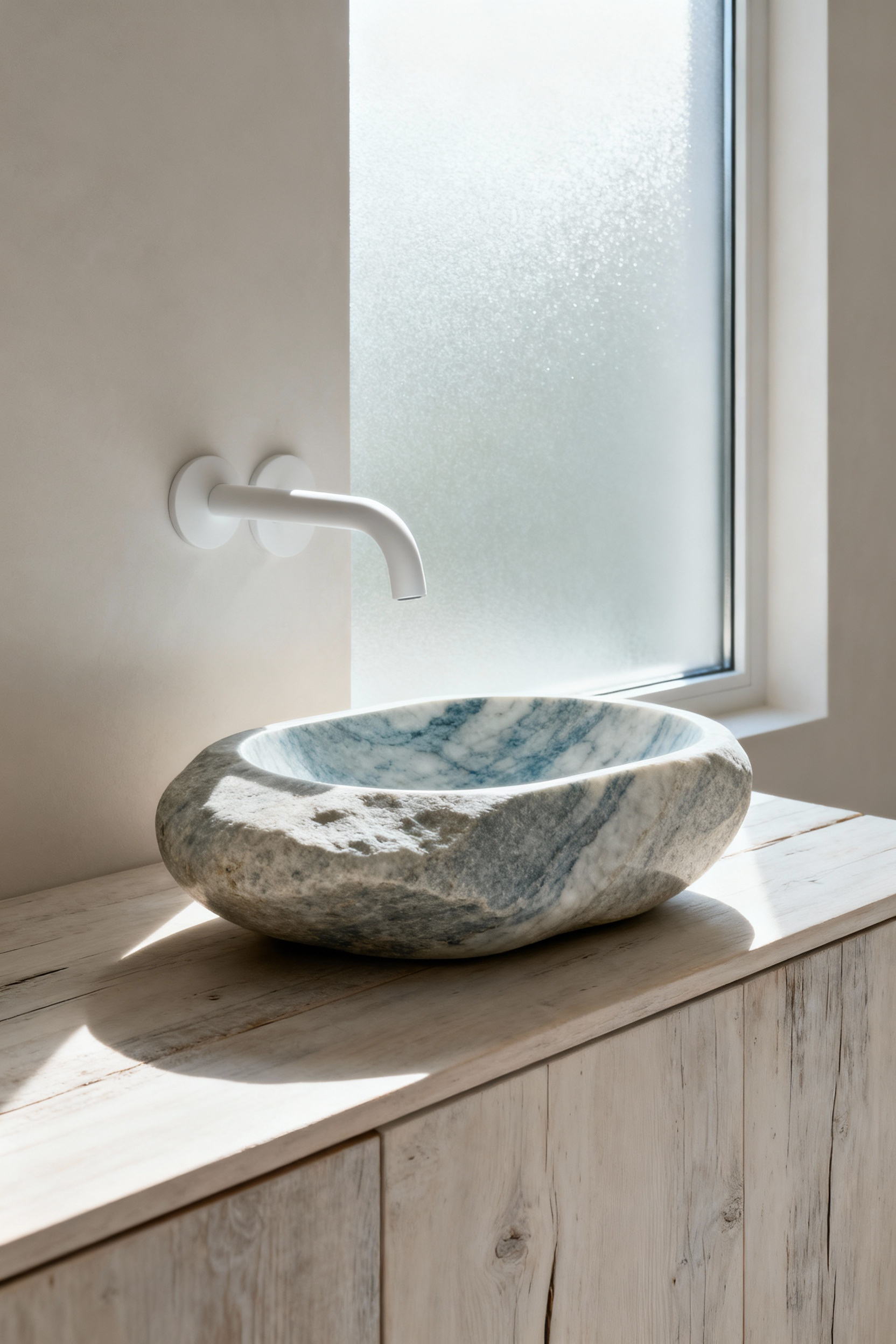 Coastal bathroom featuring a sculptural, polished river stone vessel sink on a reclaimed wood vanity, with a modern wall-mounted faucet under soft diffused lighting.