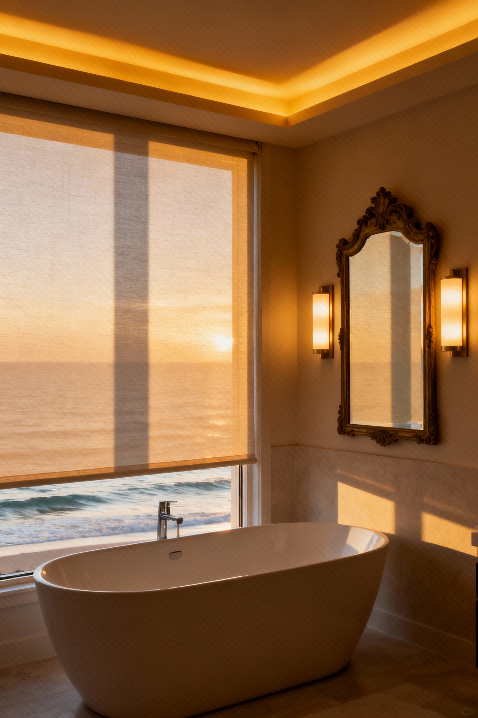 Coastal bathroom interior bathed in soft, layered lighting, featuring diffused natural light, warm LED sconces, and hidden cove lighting creating a serene and dreamy ambiance. No people.