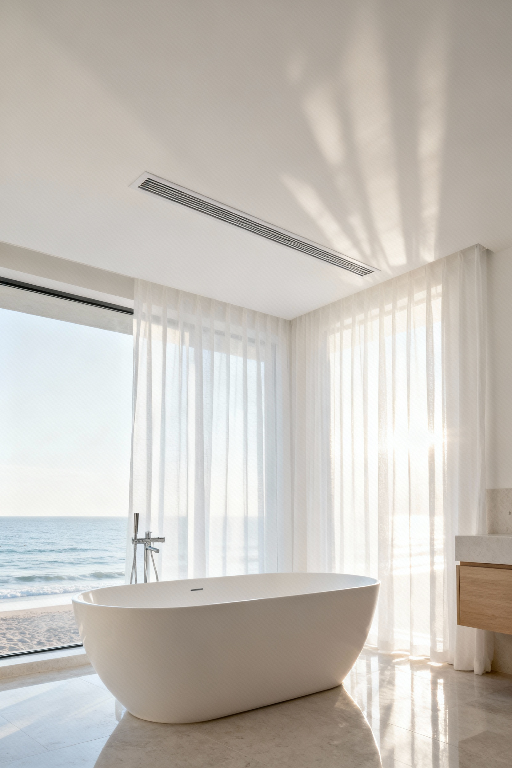 Discreet coastal bathroom ventilation system, seamless ceiling vent, fresh air circulation, serene white and wood coastal bathroom interior, optimal humidity control.
