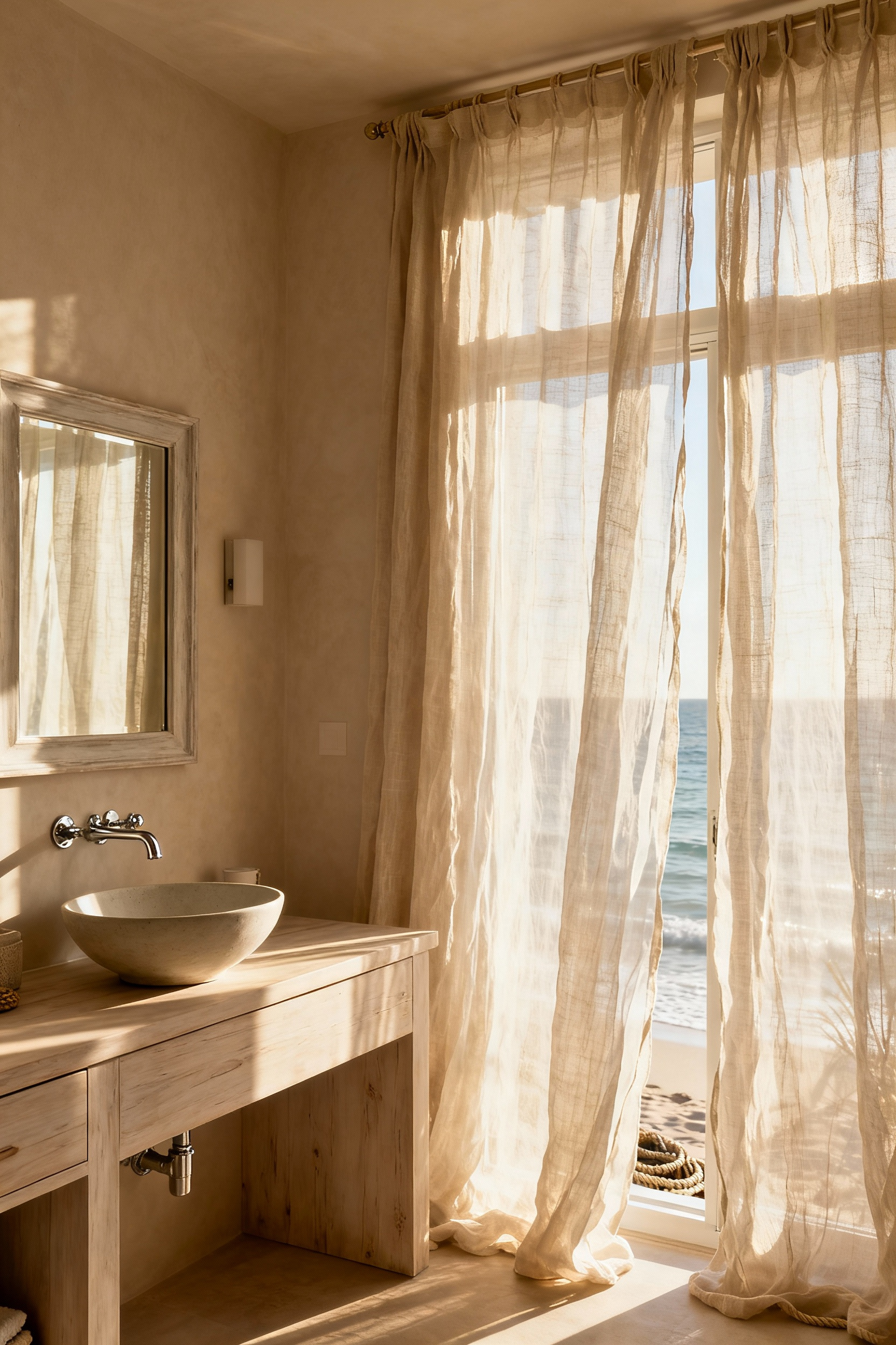 A coastal bathroom featuring a large window dressed with elegant, sheer natural linen drapery. The drapes diffuse natural light, creating a soft, serene ambiance. White walls and light wooden vanity. Roman shades are subtly layered in the background.