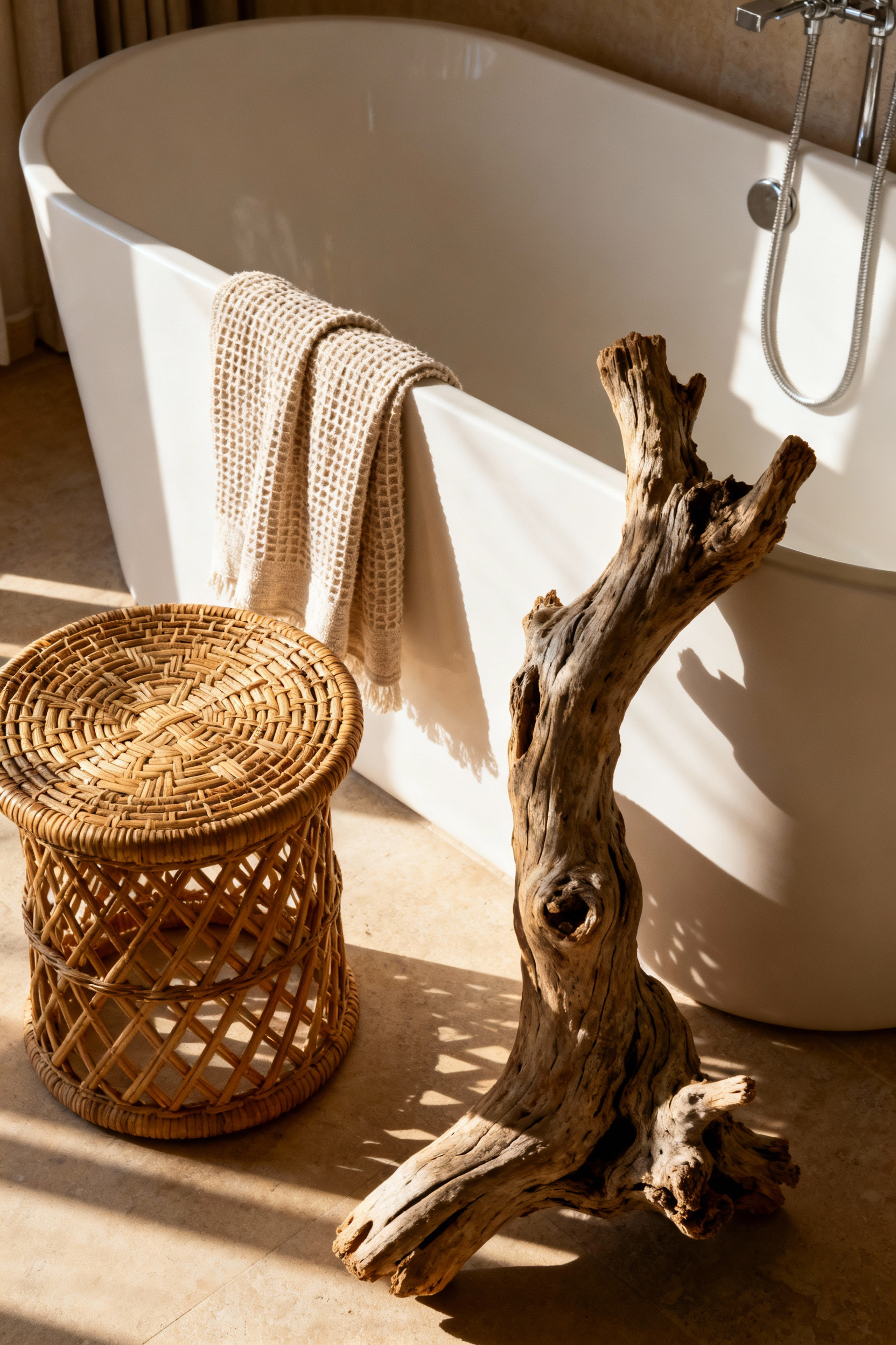 A coastal bathroom featuring a rattan stool, linen towels, and a driftwood art piece next to a white bathtub under soft natural light, showcasing organic tactility.