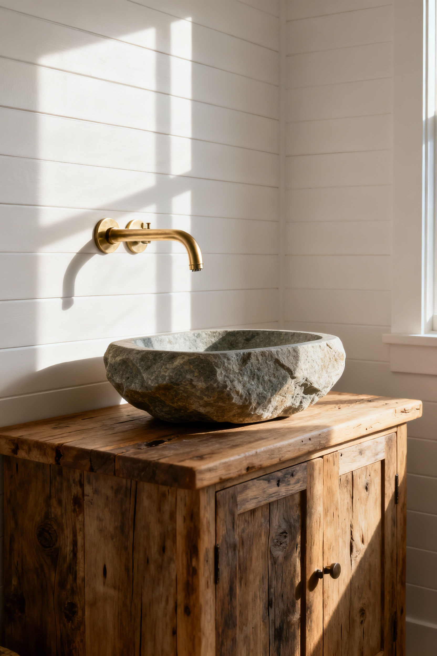Coastal bathroom with a river stone basin, unlacquered brass faucet, and reclaimed wood vanity, emphasizing fixtures harmony and natural flow.