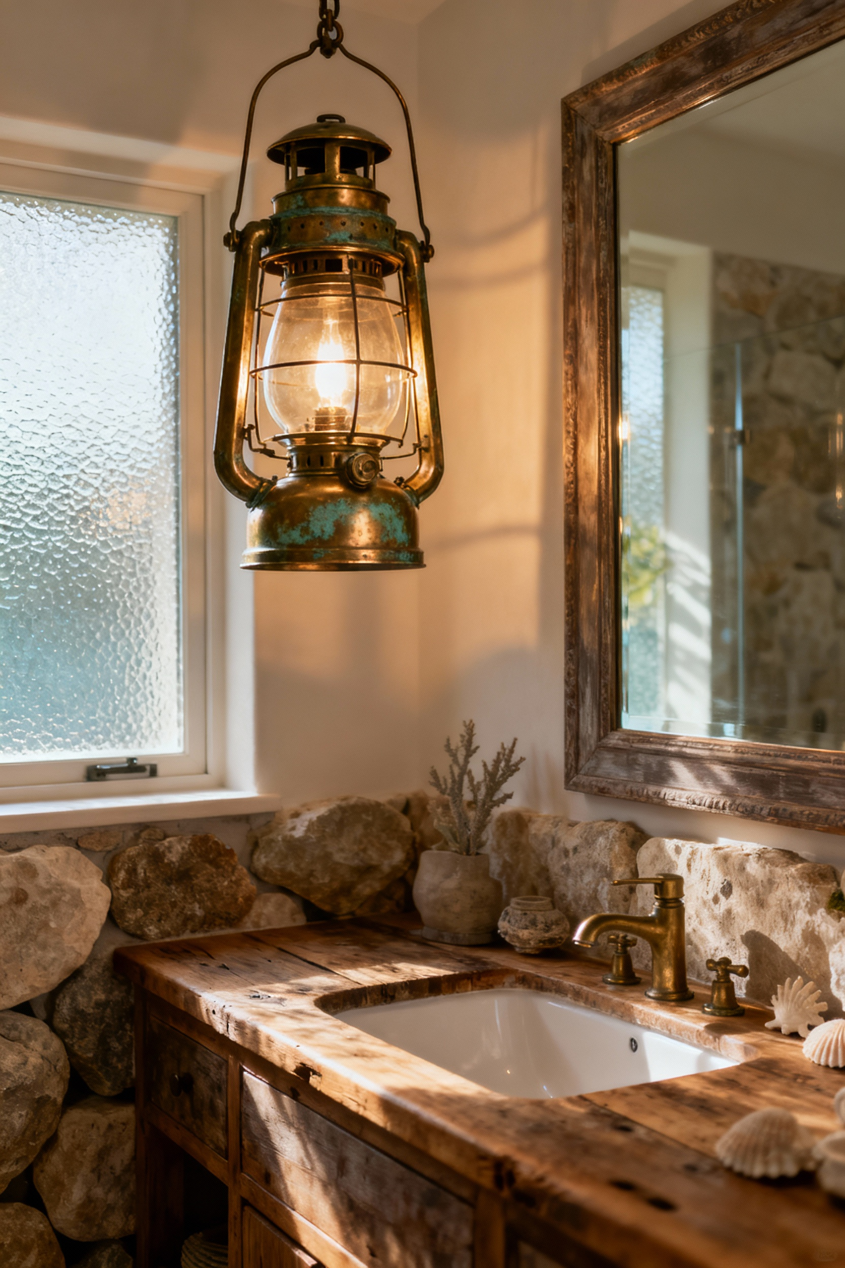 A repurposed vintage brass maritime lantern casting a warm glow in a sophisticated coastal bathroom with natural stone and wood accents.