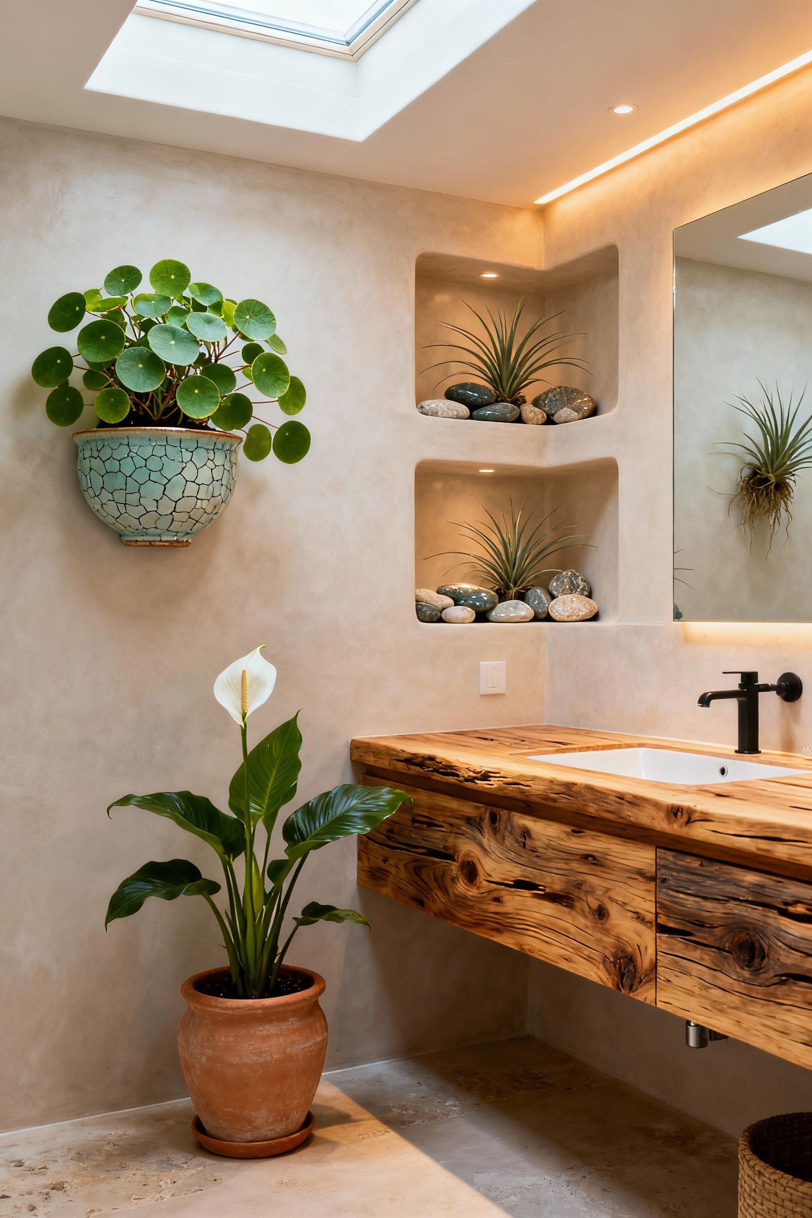 Coastal bathroom with diverse marine-inspired botanicals, including air plants, peace lily, and Pilea Cadierei, in natural material planters. Skylight provides natural light.