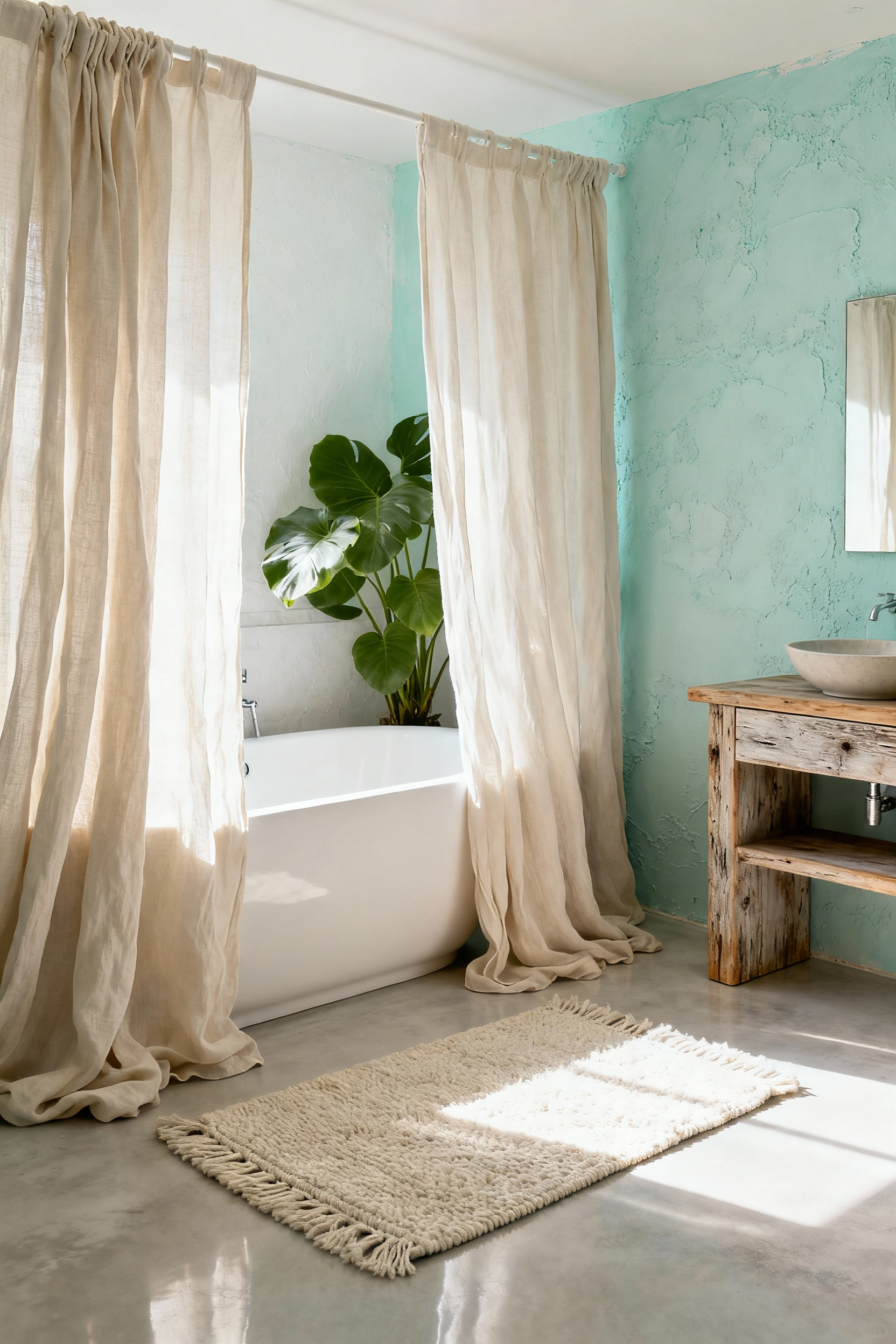 Tranquil coastal bathroom showcasing softening materials like thick linen shower curtain, plush organic cotton towels, reclaimed wooden vanity, and a woven jute rug for enhanced aural tranquility and sound absorption.