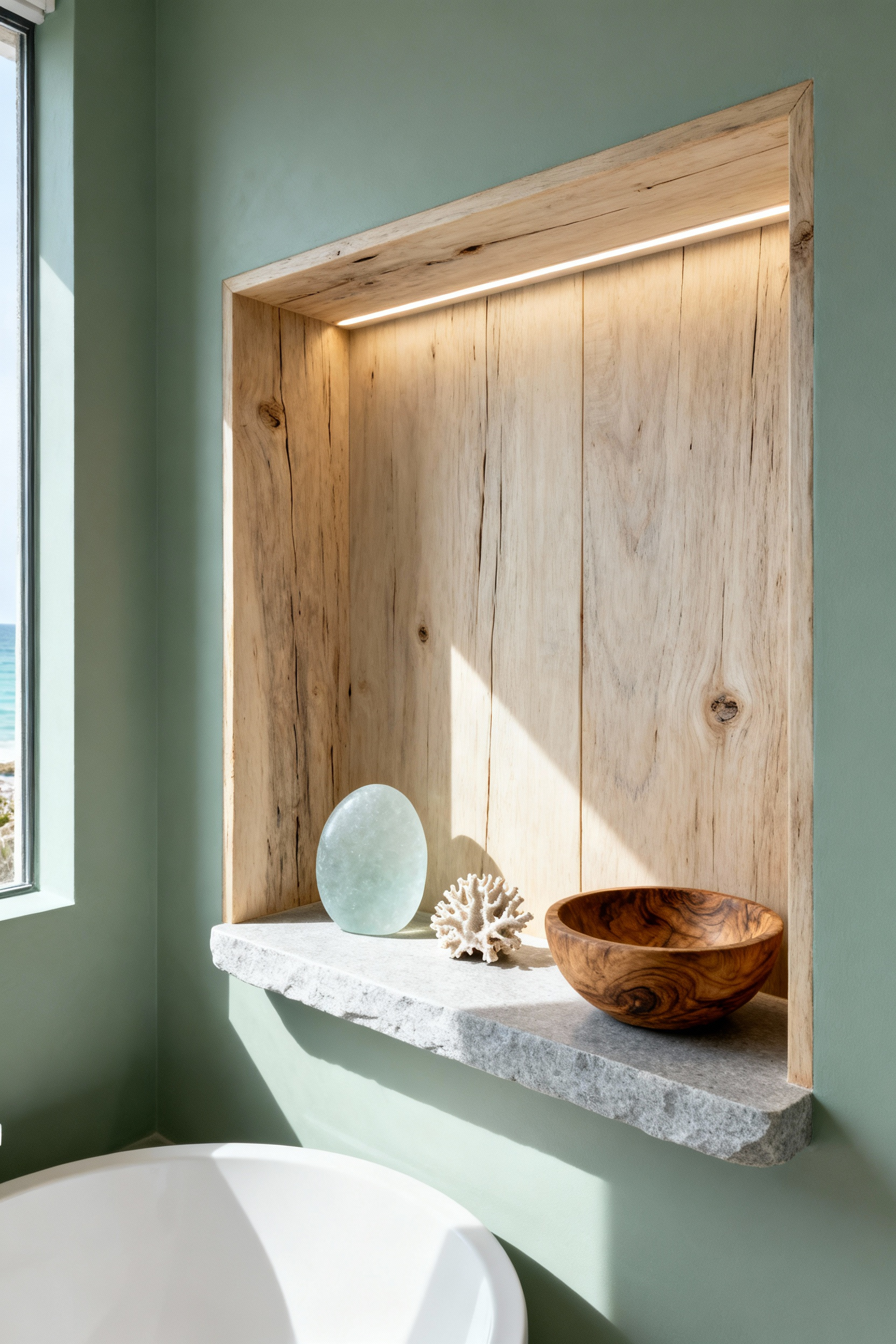 Portrait view of a coastal bathroom with a built-in recessed wall niche crafted from reclaimed teak and natural stone, displaying sea glass, fossilized coral, and a wooden bowl, softly lit, enhancing organized serenity.