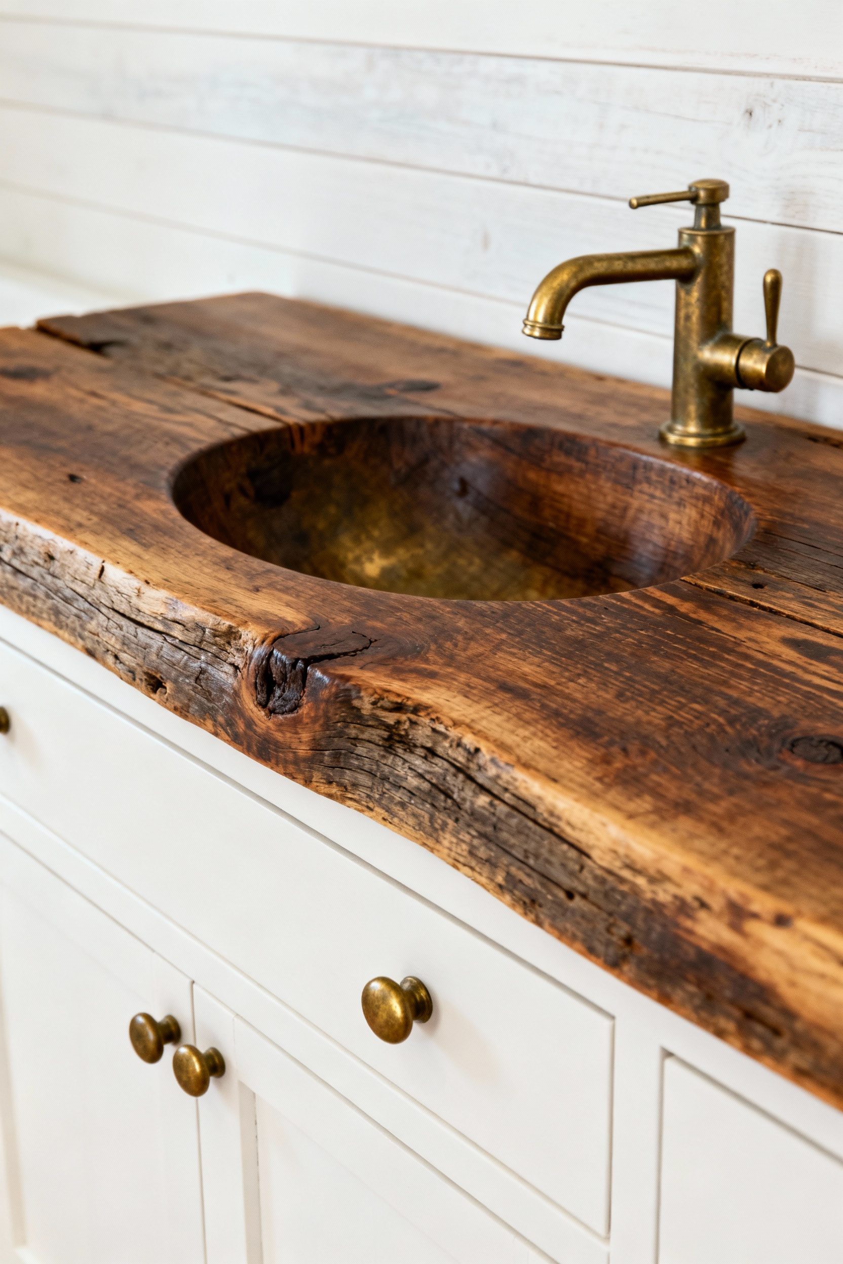 Coastal bathroom vanity with aged reclaimed barn wood and weathered unlacquered brass faucet, showcasing patinated surfaces.