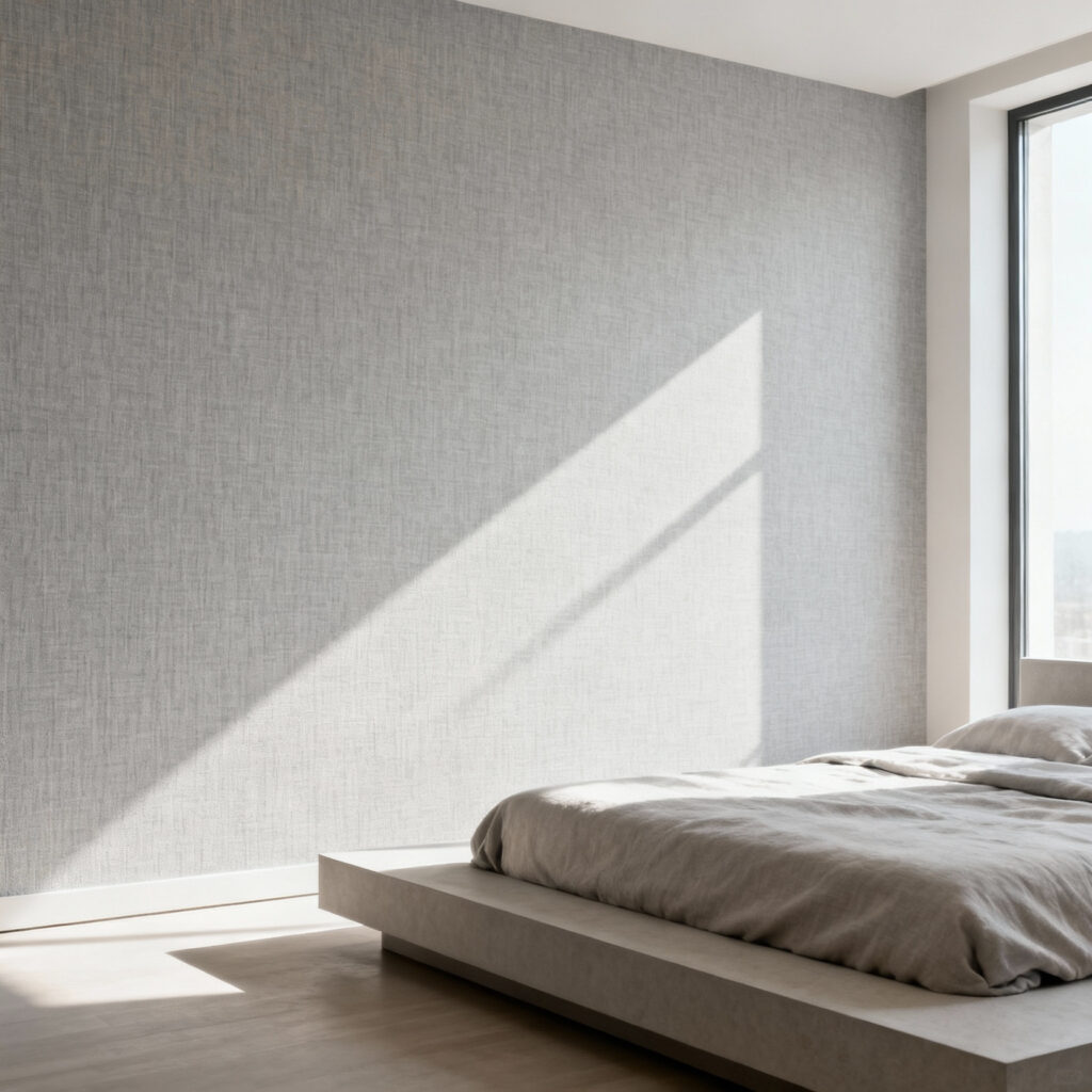 Modern bedroom with pale grey, subtly textured linen wallpaper behind a minimalist platform bed, enhancing a soothing ambiance with soft natural light.