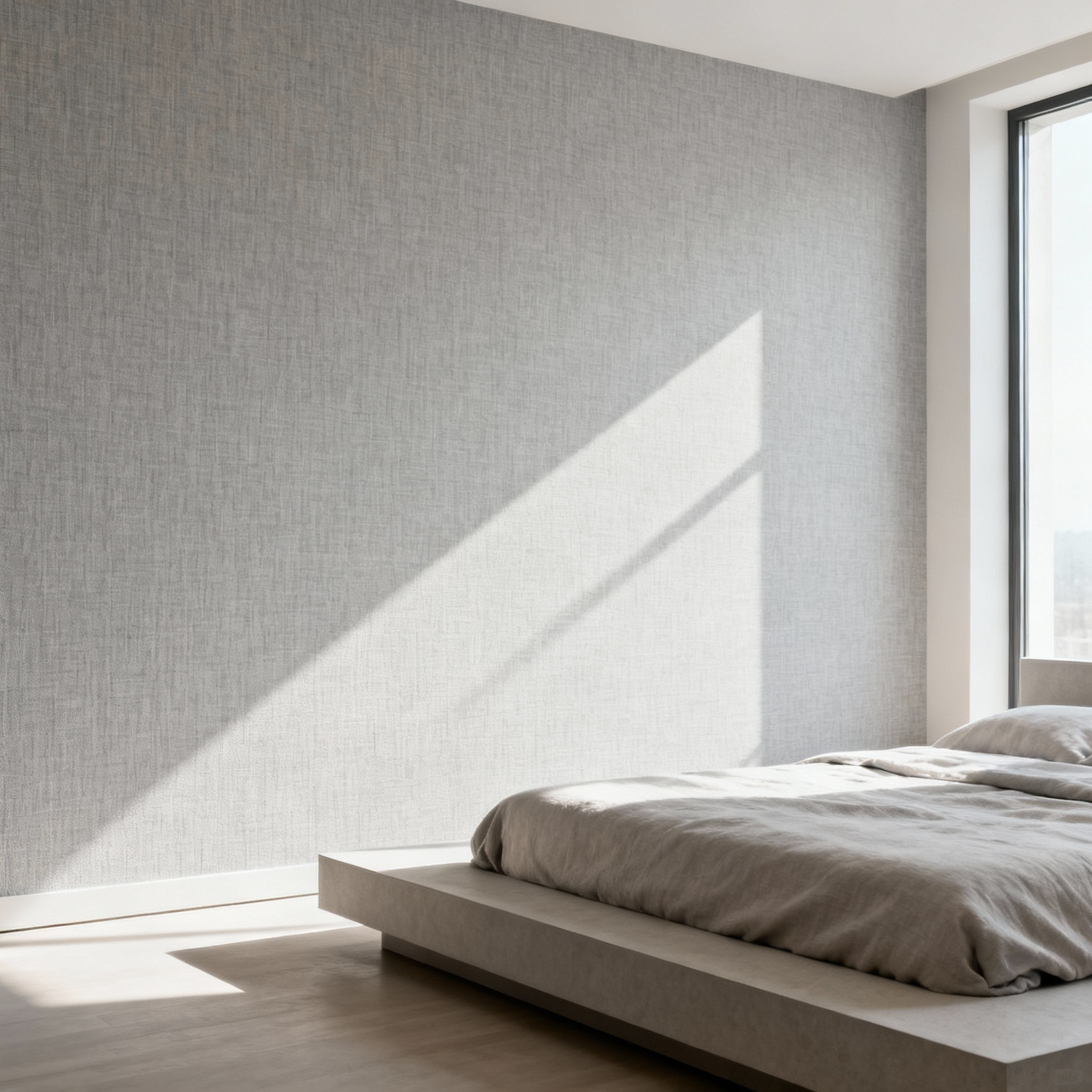 Modern bedroom with pale grey, subtly textured linen wallpaper behind a minimalist platform bed, enhancing a soothing ambiance with soft natural light.