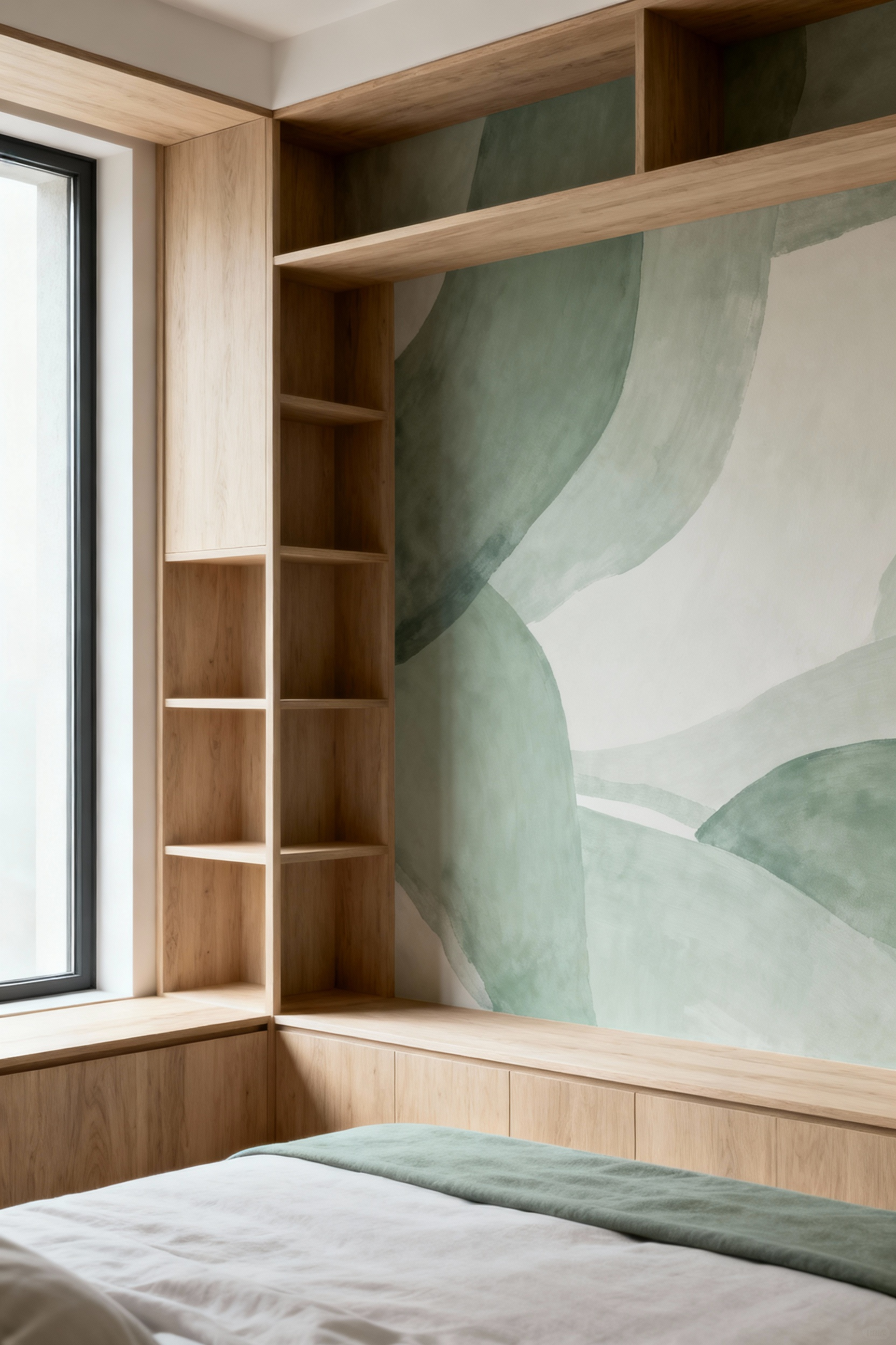 Modern bedroom with bespoke bleached oak joinery and abstract minimalist sage wallpaper seamlessly integrated, creating an expansive and cohesive visual plane.