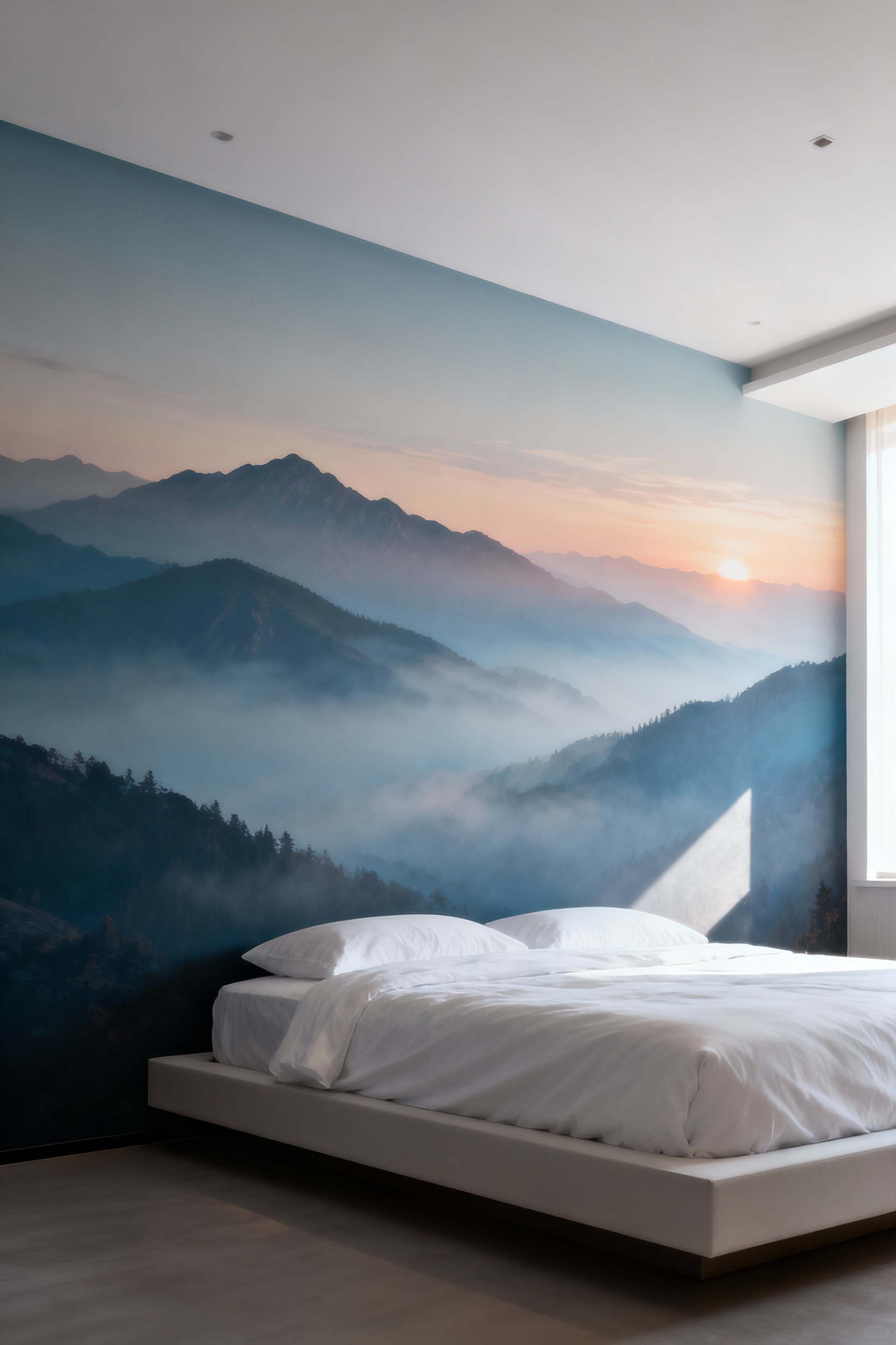 Modern bedroom with a panoramic misty mountain range mural extending visual horizons, creating a serene and spacious atmosphere.