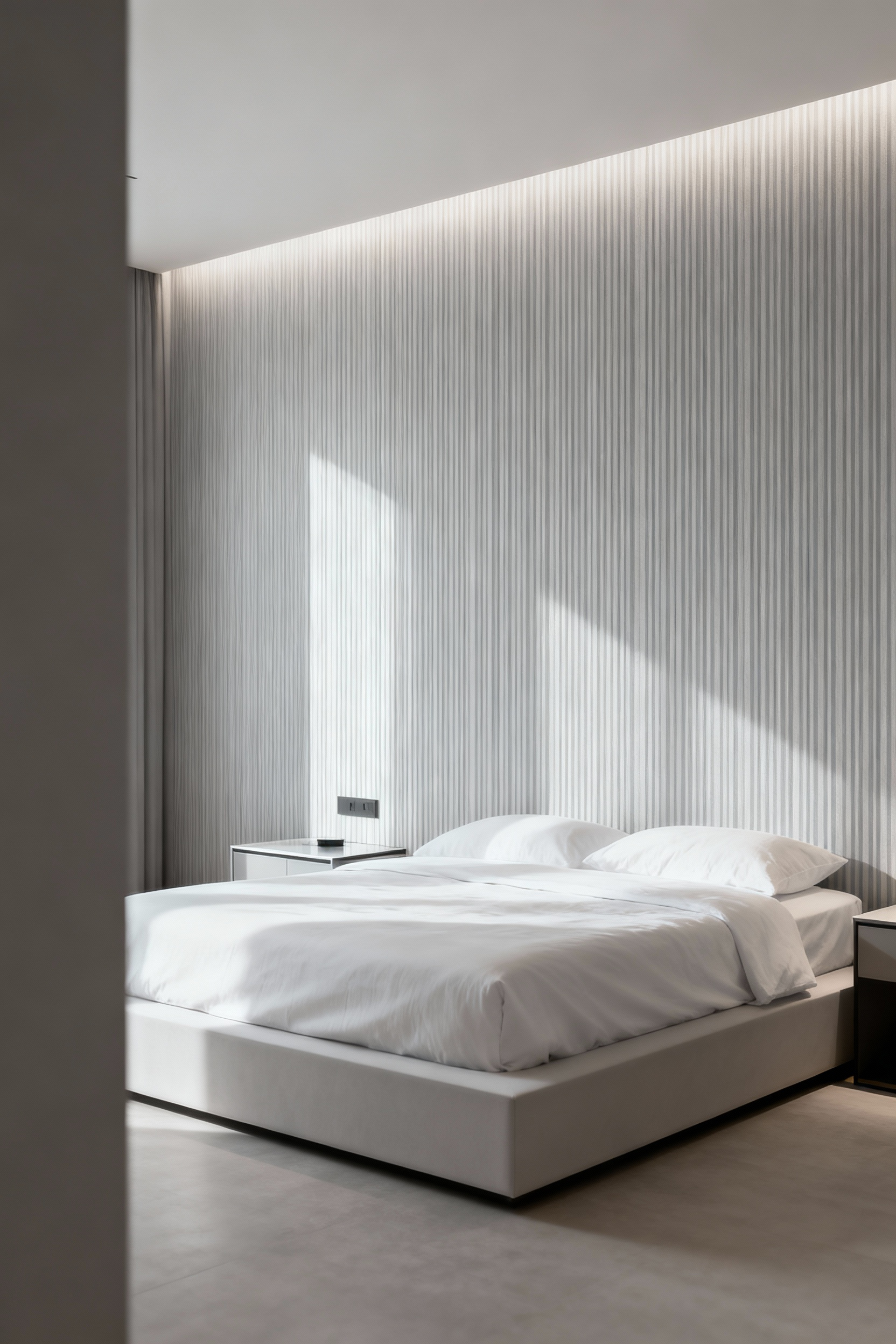 Modern bedroom with light vertical striped wallpaper on an accent wall, designed to create the illusion of a higher ceiling and a more spacious, serene atmosphere.