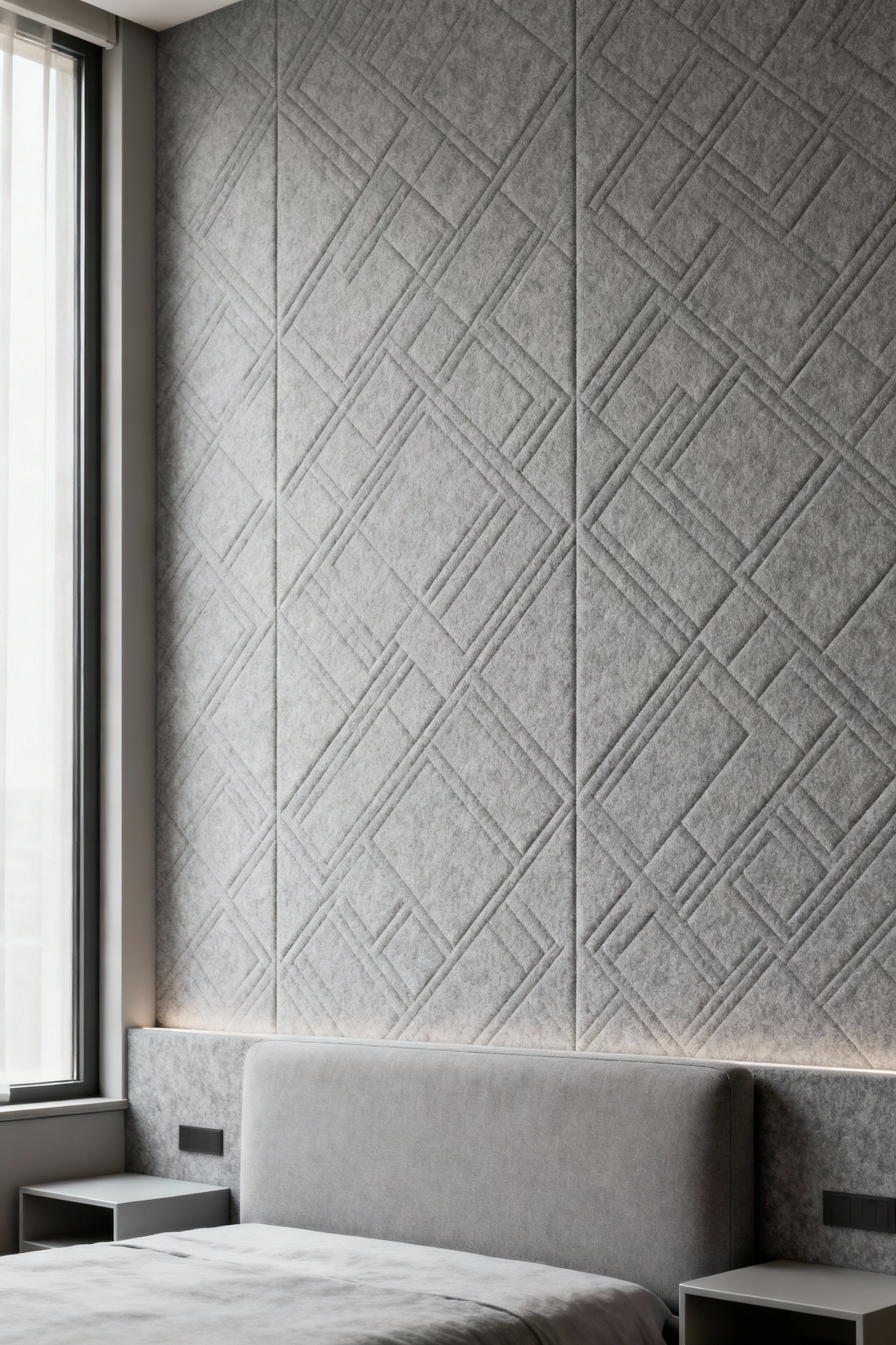 Modern bedroom with neutral-toned acoustical wallpaper behind a minimalist bed, designed for enhanced sound serenity and noise reduction.