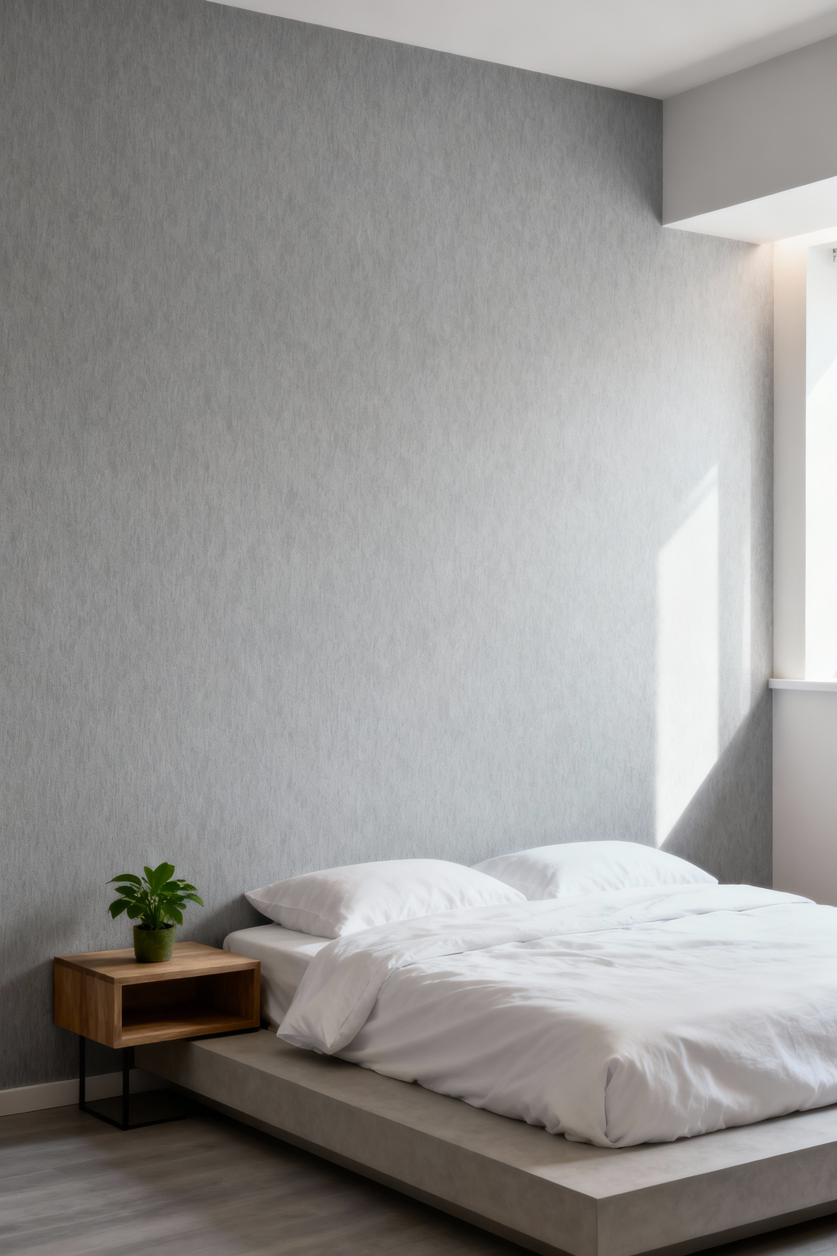 Modern bedroom with a subtly textured light grey washable vinyl wallpaper behind a minimalist bed, showcasing practical sophistication and serene design.