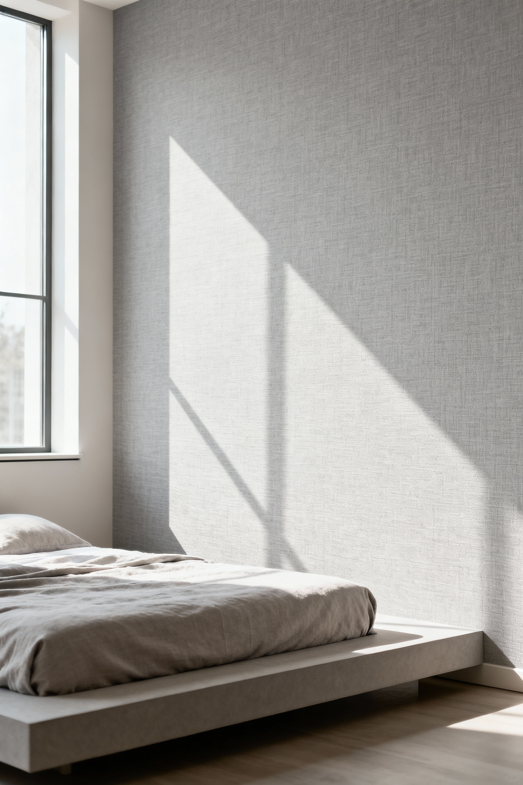 Modern bedroom with pale grey, subtly textured linen wallpaper behind a minimalist platform bed, enhancing a soothing ambiance with soft natural light.
