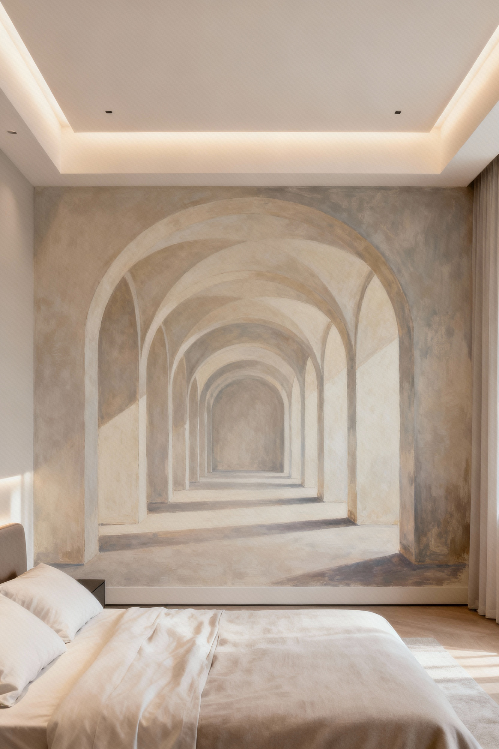 Modern bedroom with trompe l'oeil wallpaper displaying minimalist architectural archways, creating an illusion of depth and architectural interest.