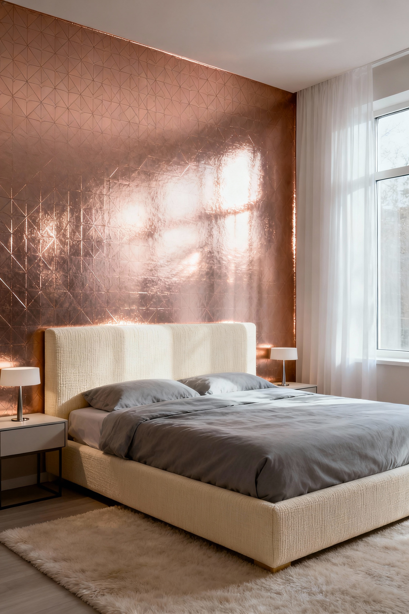 Serene modern bedroom featuring an accent wall with rose gold metallic geometric wallpaper reflecting soft natural light, enhancing depth and luxury.
