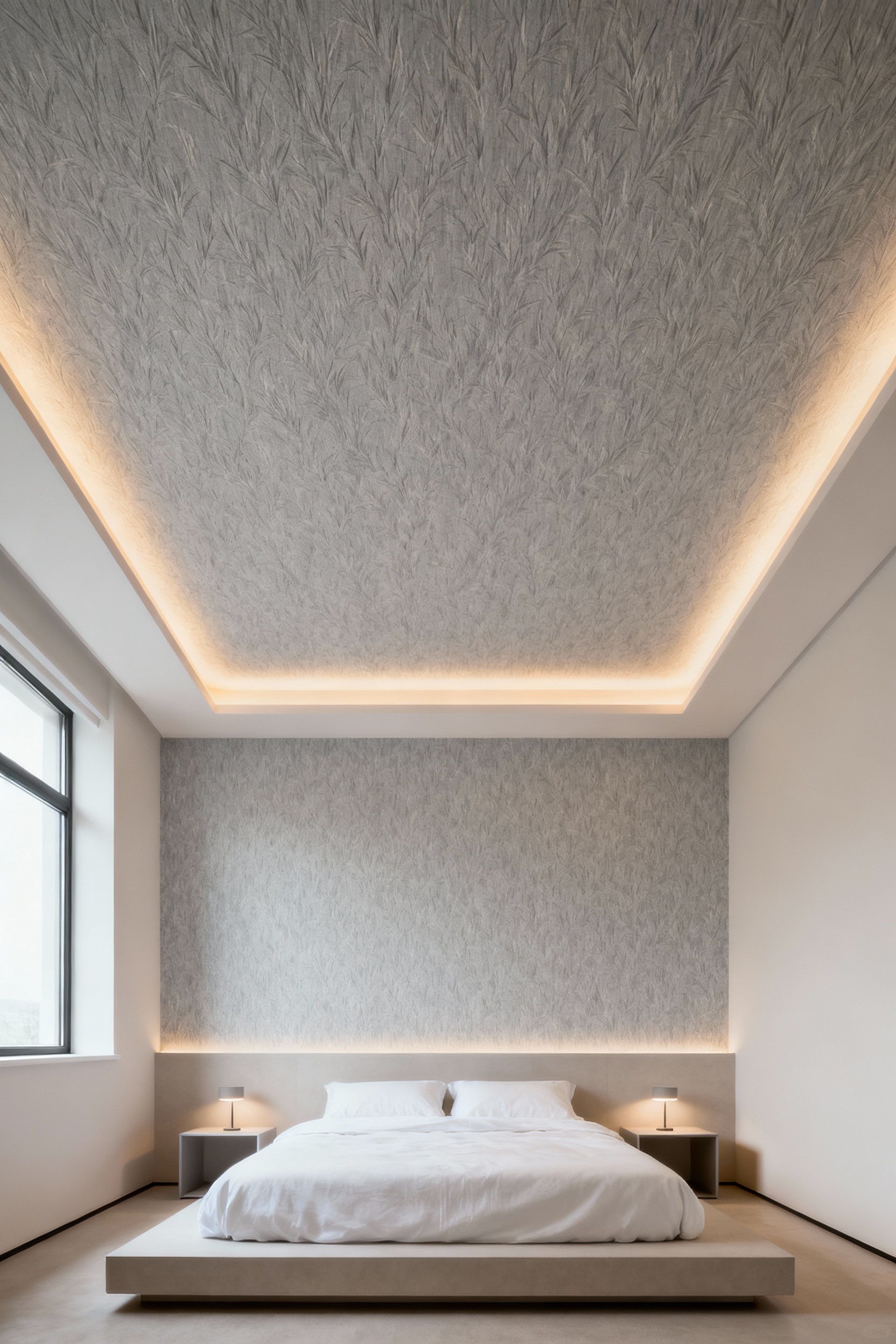 Modern bedroom with a light grey textured wallpapered ceiling, indirect cove lighting, and minimalist furniture creating vertical grandeur. Contemporary interior design, serene atmosphere, feature ceiling.