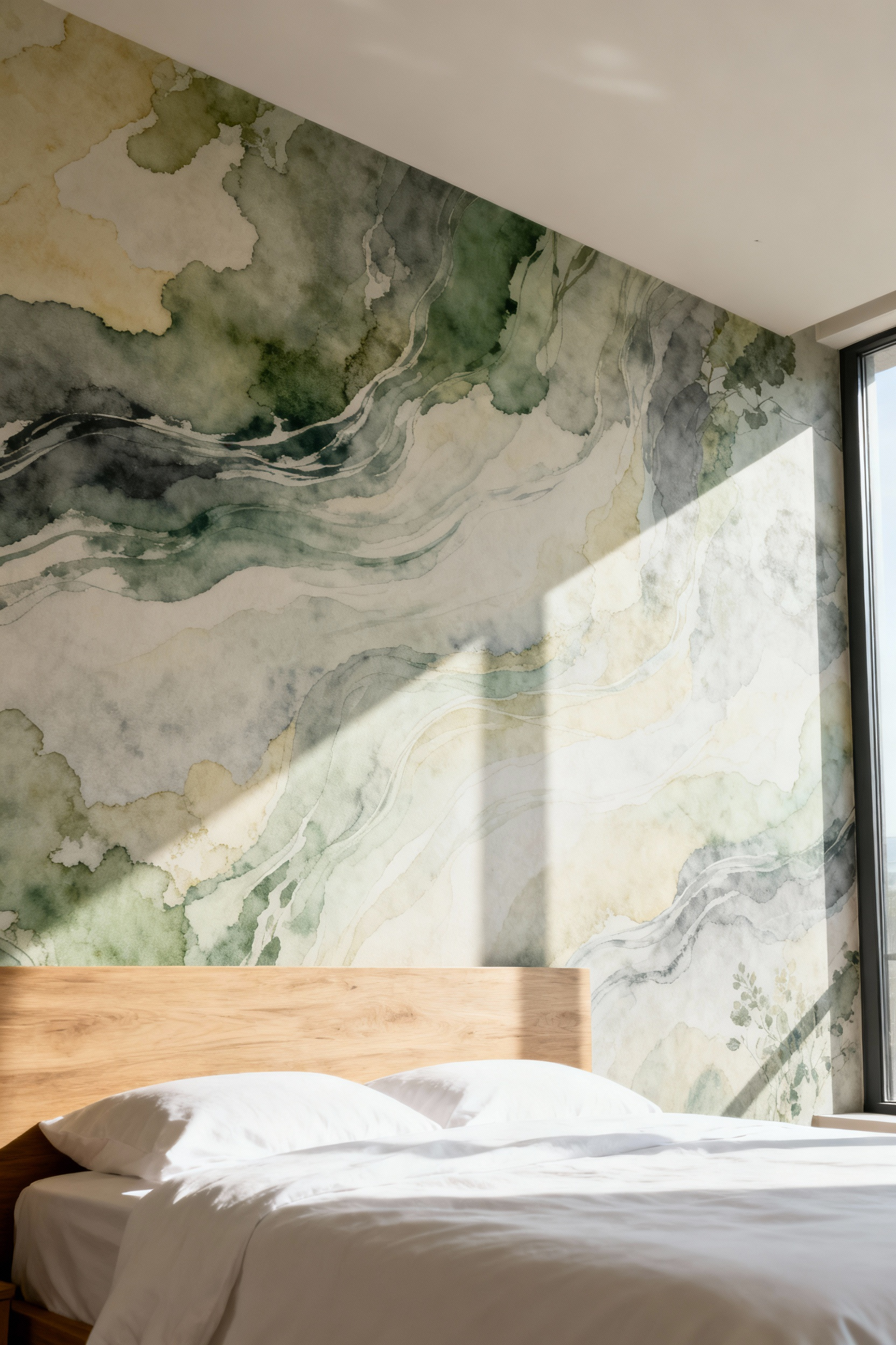 Modern bedroom with bespoke wallpaper featuring an abstract biophilic pattern in earthy tones, wooden headboard, soft natural light.