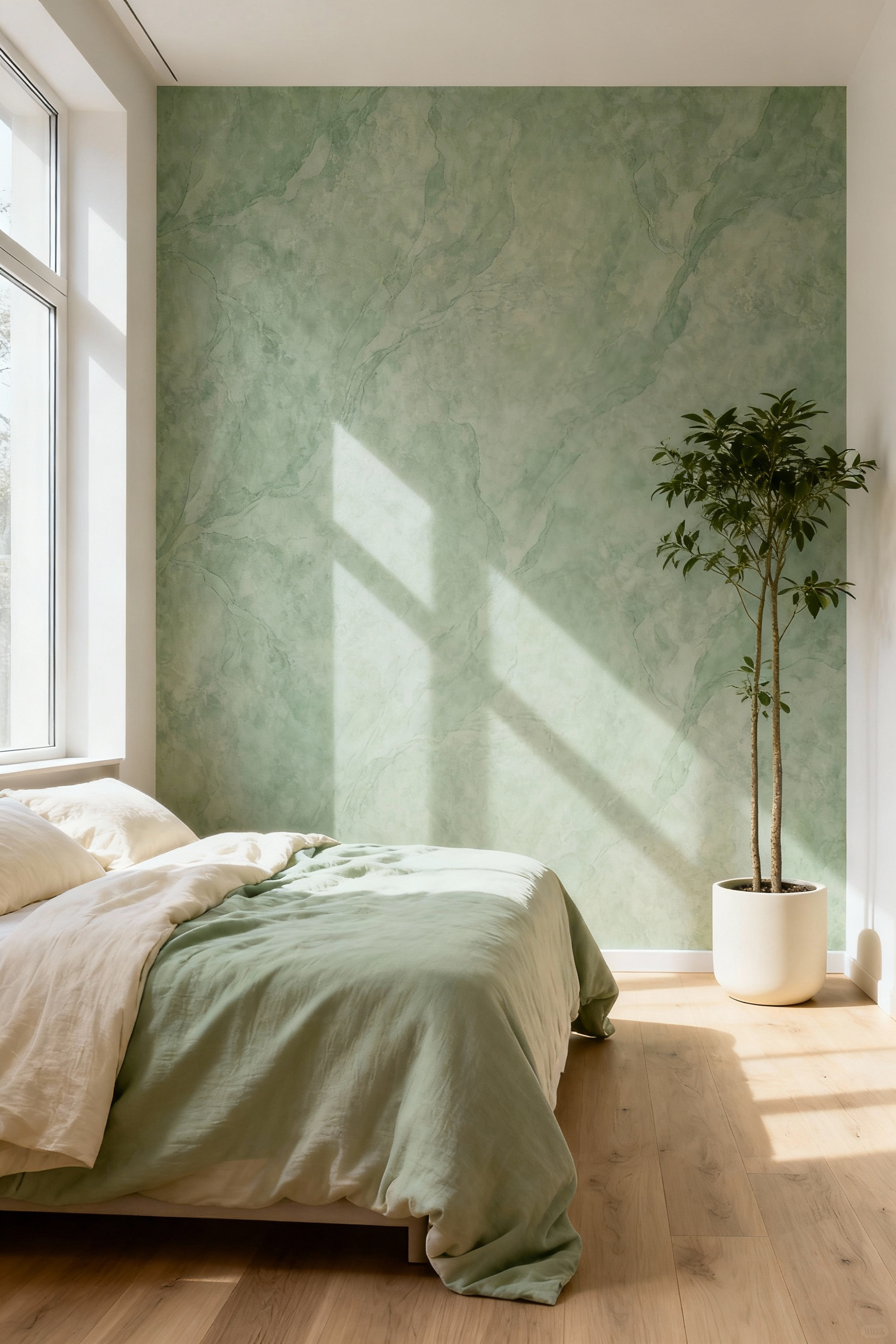 A modern bedroom with subtle sage green wallpaper, cream and sage bedding, and light oak flooring, showcasing perfectly coordinated color hues for a tranquil ambiance.