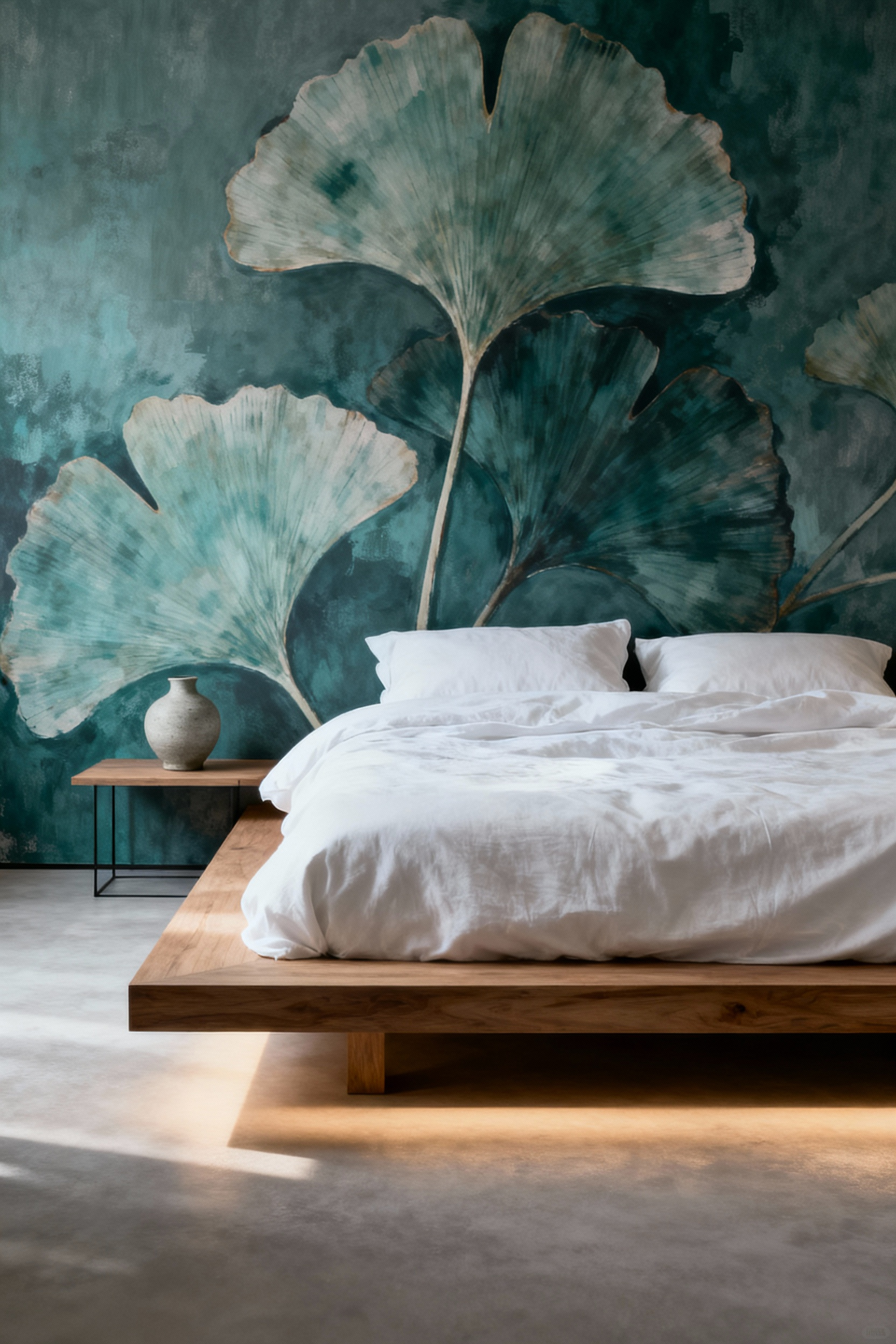 Modern bedroom with a muted teal and grey botanical biophilic wallpaper behind the bed, minimalist furniture, and soft ambient lighting for natural tranquility.
