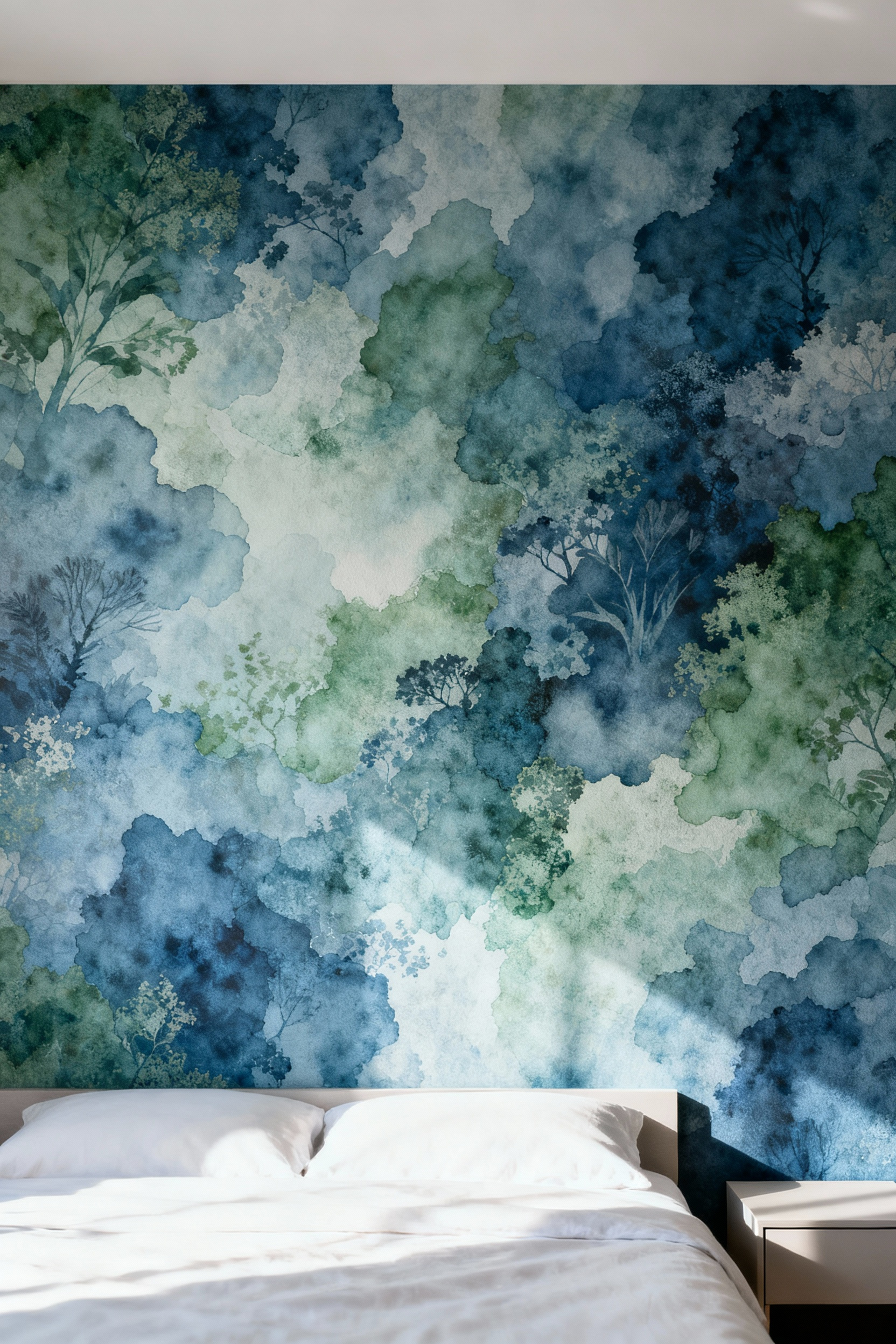 Modern bedroom with custom digital print wallpaper featuring an abstract biophilic design in blue and green hues on an accent wall, creating a serene and personalized space.