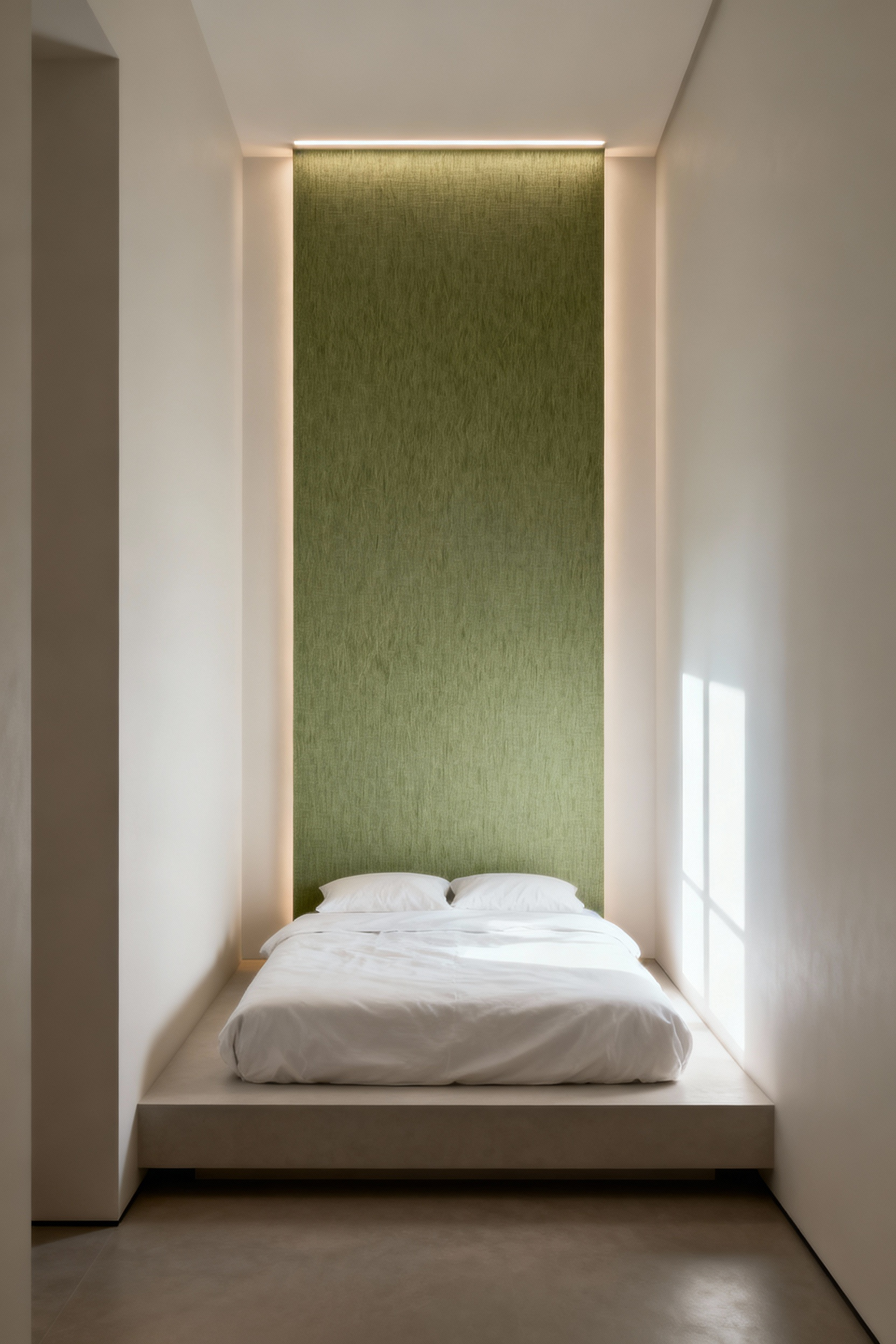 Modern bedroom featuring a floor-to-ceiling vertical panel of sage green textured grasscloth wallpaper behind a platform bed, defining the sleep zone.