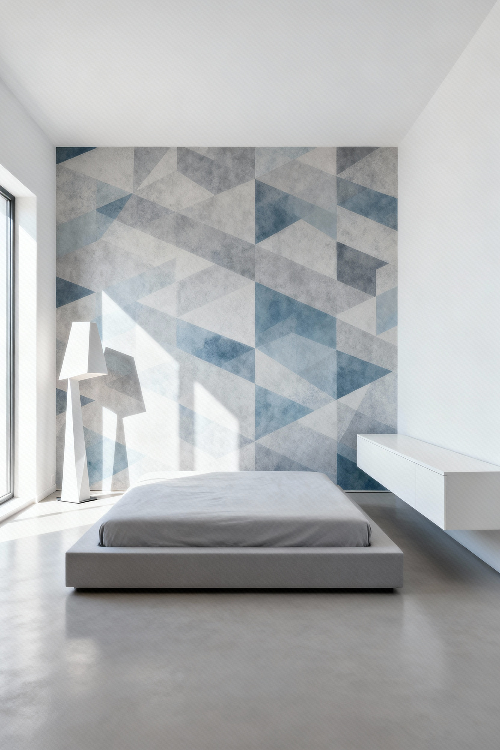 A modern bedroom featuring a subtle geometric patterned wallpaper on an accent wall behind a solid headboard, balanced by extensive crisp white negative space, minimalist furniture, and soft lighting, creating a calm and sophisticated ambiance.