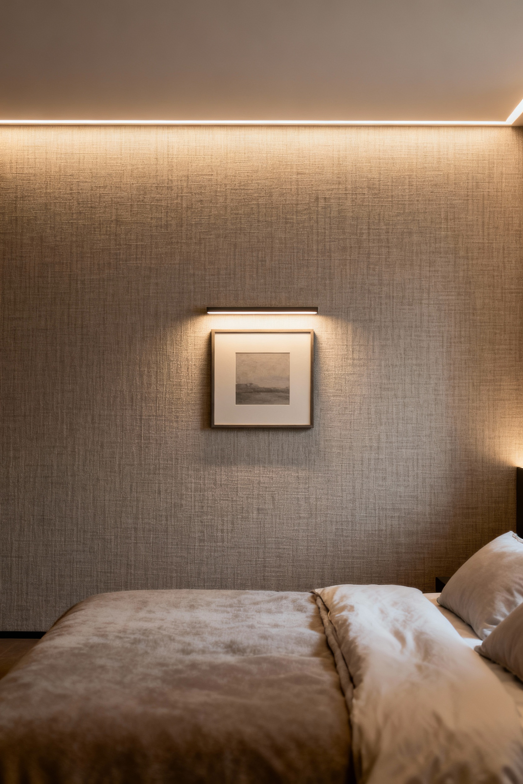 Serene modern bedroom with textured wallpaper illuminated by hidden LED strip lighting and a picture light, highlighting wallpaper textures.